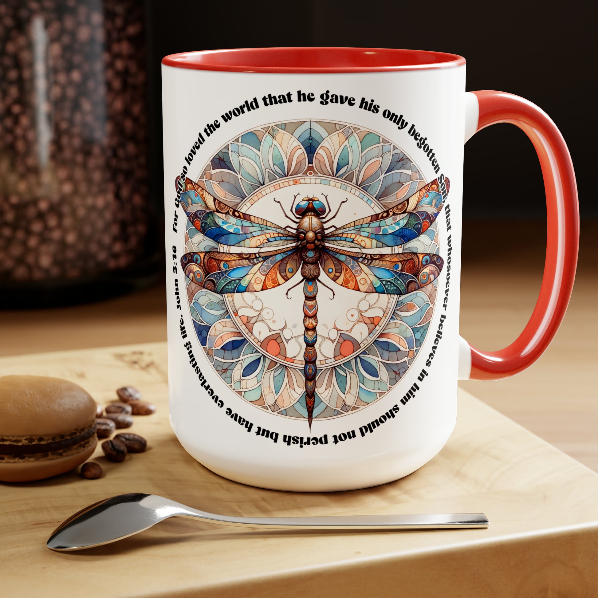 Praise & Worship Coffee Mugs, 15oz |Bible Verse, John 3:16 Faith-Based Gifts, Dragonfly