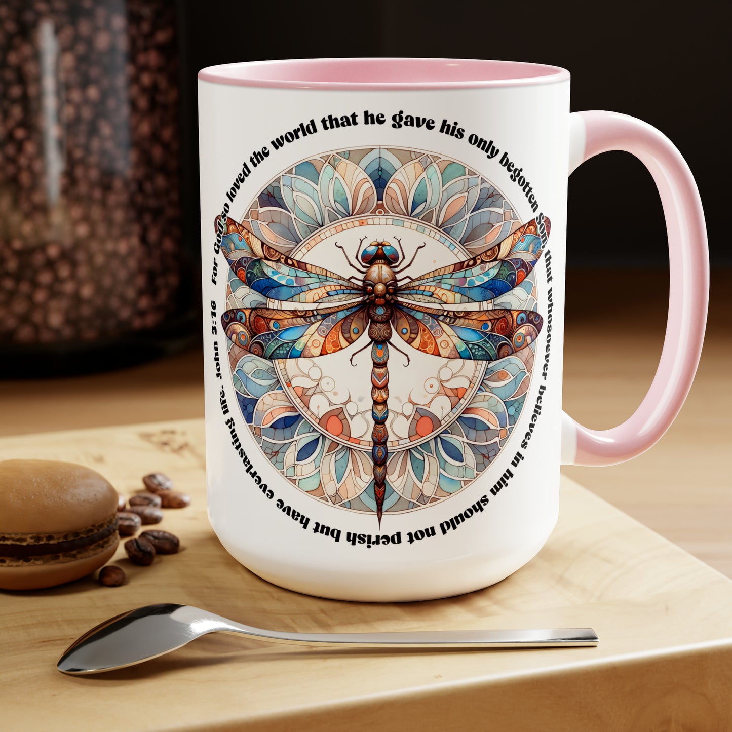 Praise & Worship Coffee Mugs, 15oz |Bible Verse, John 3:16 Faith-Based Gifts, Dragonfly