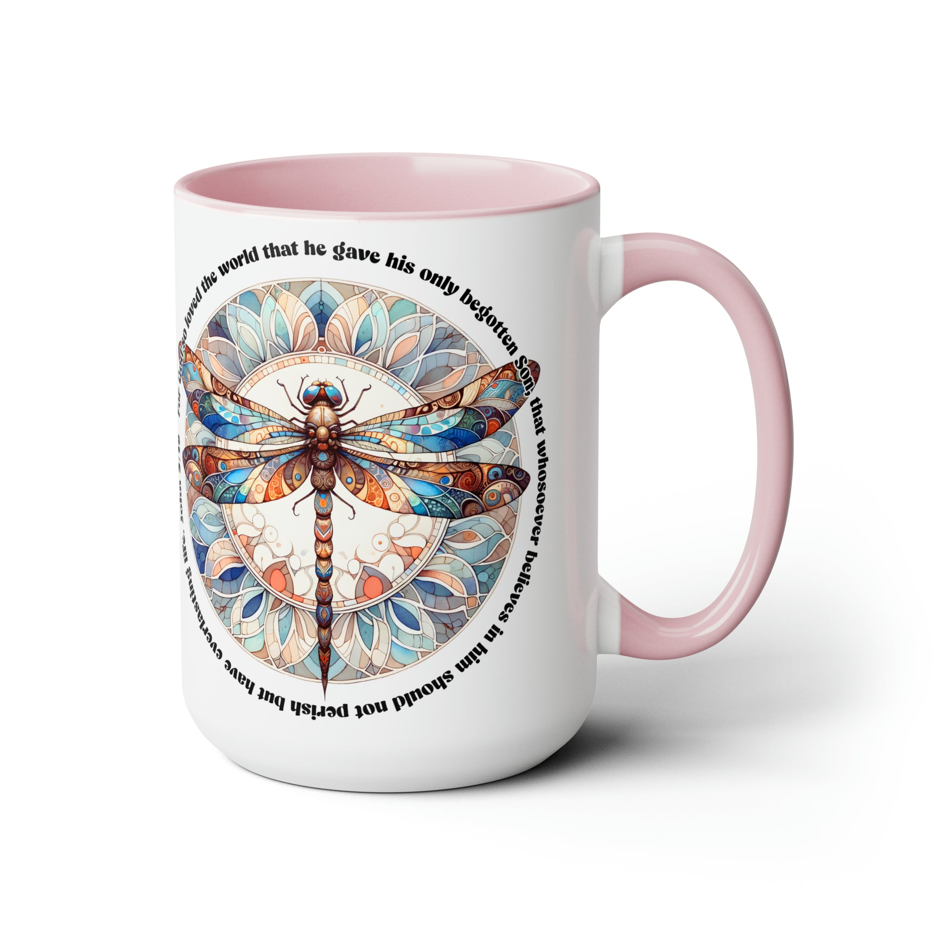 Praise & Worship Coffee Mugs, 15oz |Bible Verse, John 3:16 Faith-Based Gifts, Dragonfly