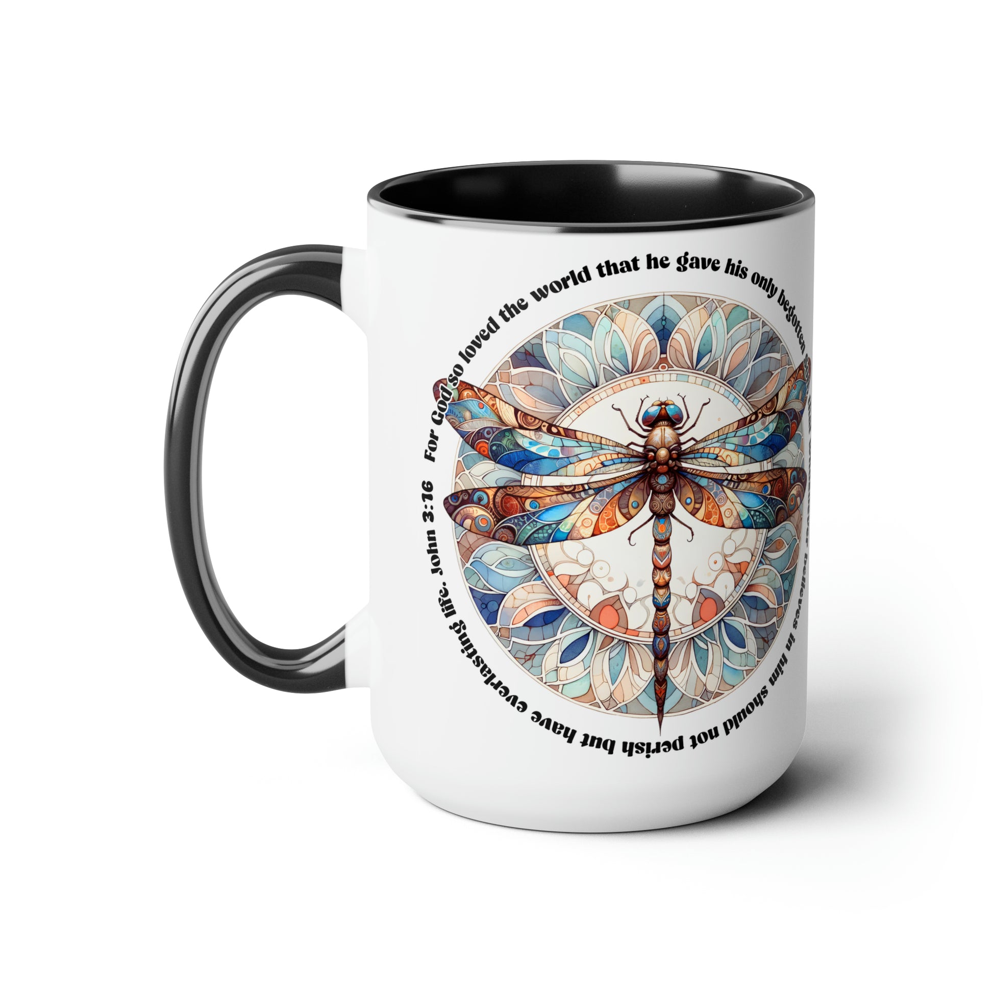 Praise & Worship Coffee Mugs, 15oz |Bible Verse, John 3:16 Faith-Based Gifts, Dragonfly