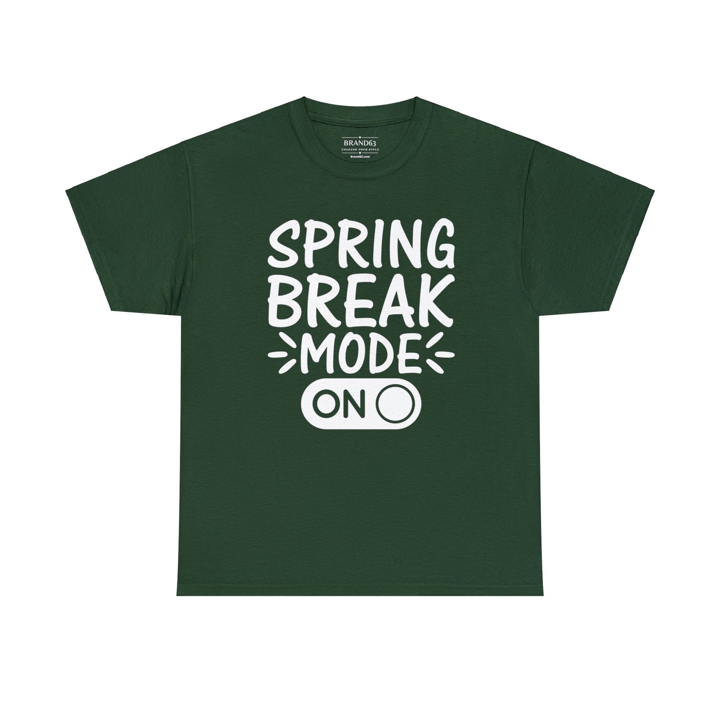 Spring Break Mode On heavy cotton t-shirt in green with eco-friendly material, classic fit, and bold vacation-ready graphic design.