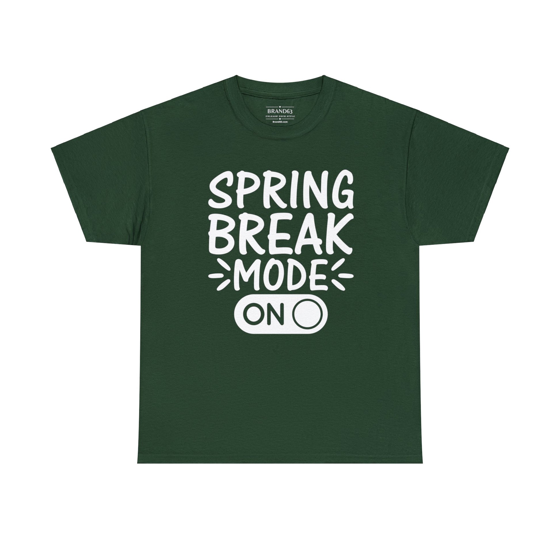 Spring Break Mode On heavy cotton t-shirt in green with eco-friendly material, classic fit, and bold vacation-ready graphic design.