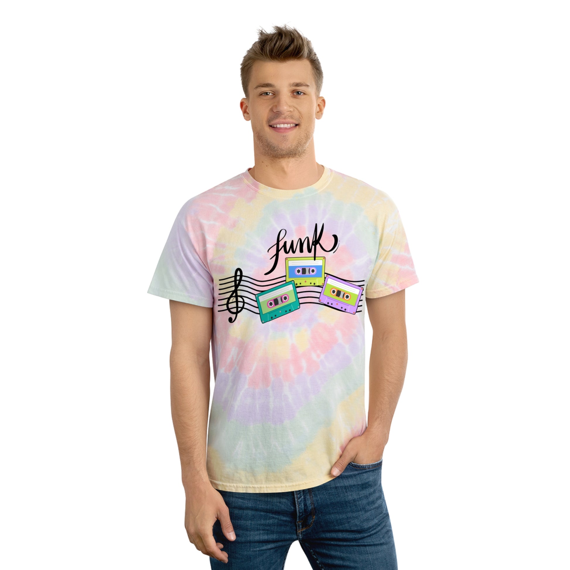 Funk Cassette Tie-Dye T-Shirt, Retro Spiral Design Tee, 60s Fashion T-Shirt, Music Lover Apparel, Vintage Style Shirt, Premium Cotton Tie-Dye Tee, Comfortable T-Shirt, Durable Graphic Tee, Nostalgic Merch, Retro Fashion Shirt