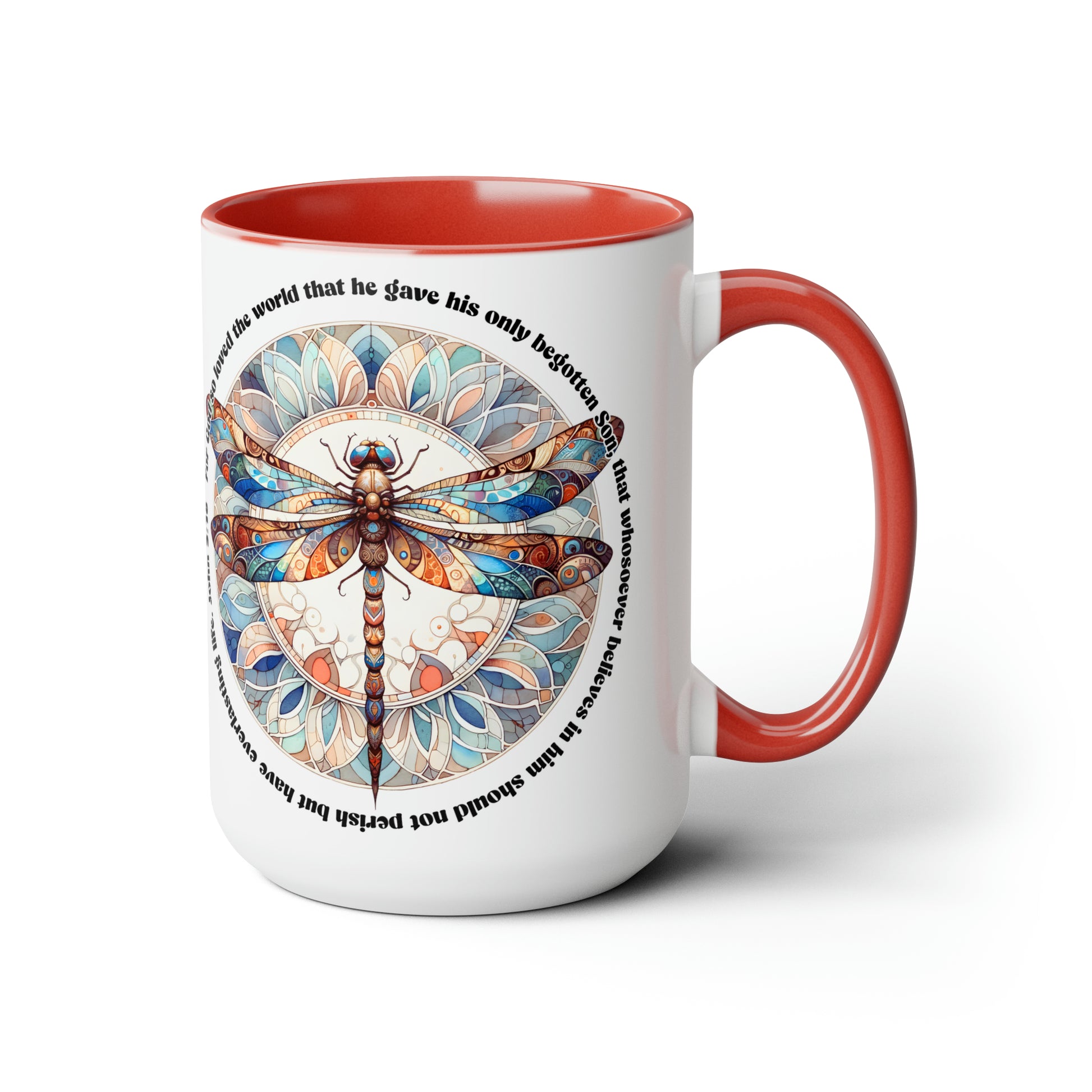 Praise & Worship Coffee Mugs, 15oz |Bible Verse, John 3:16 Faith-Based Gifts, Dragonfly