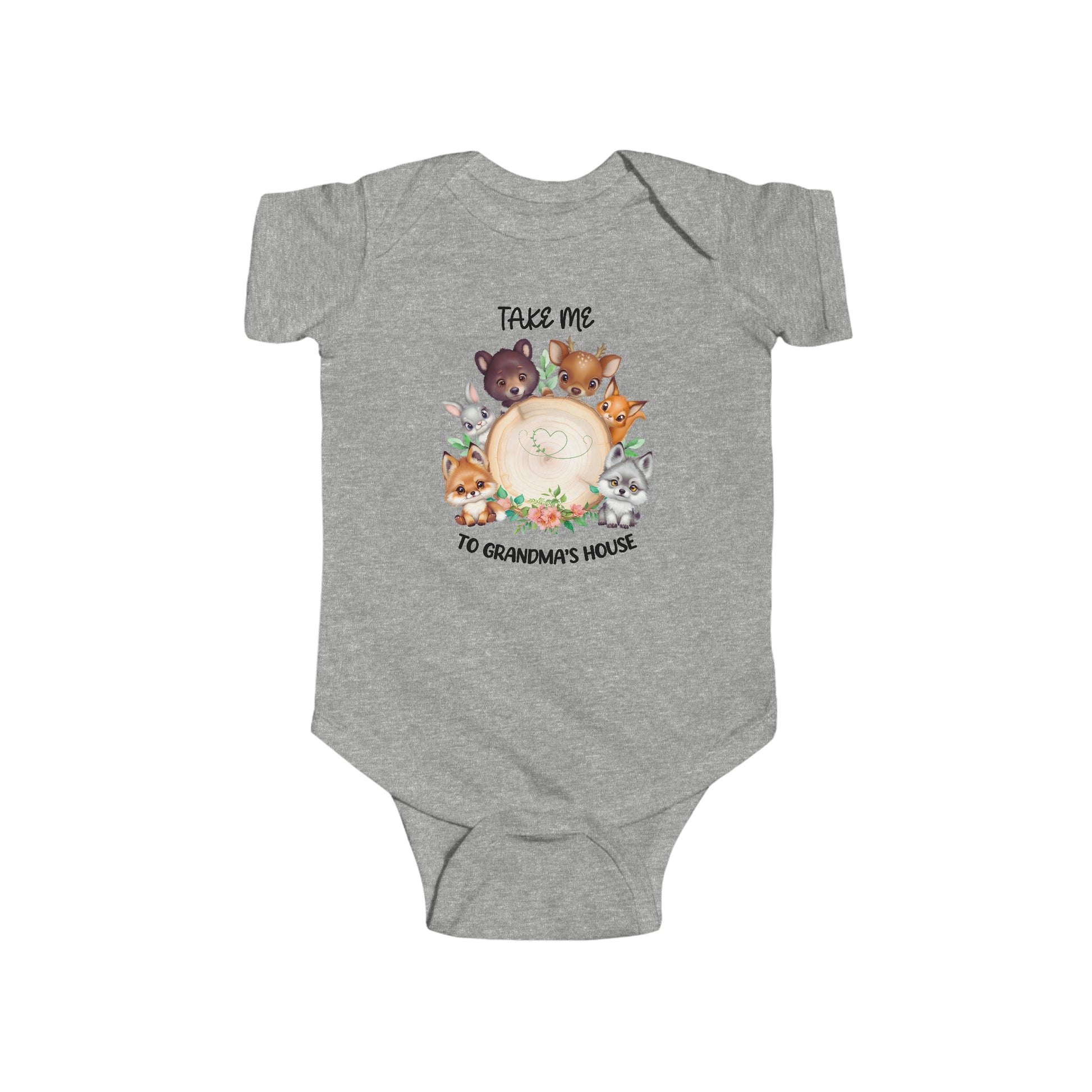 Baby in Woodland Critter Journey Onesie from Brand63.com, featuring adorable forest animals, online shopping with free shipping on orders over $99, going to grandmas house