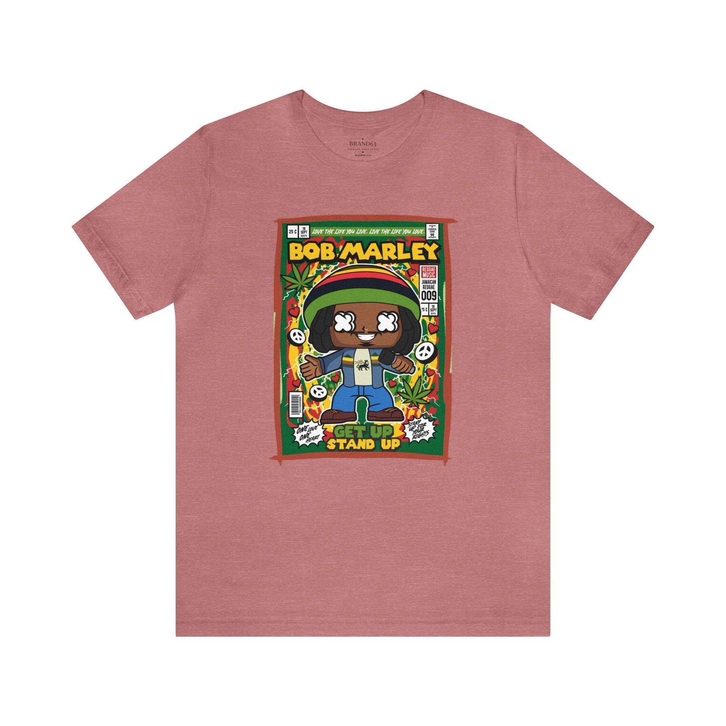 Brand63's exclusive Bob Marley Comic Book-Pop Art T-shirt collection, featuring vibrant designs with free shipping on orders over $100