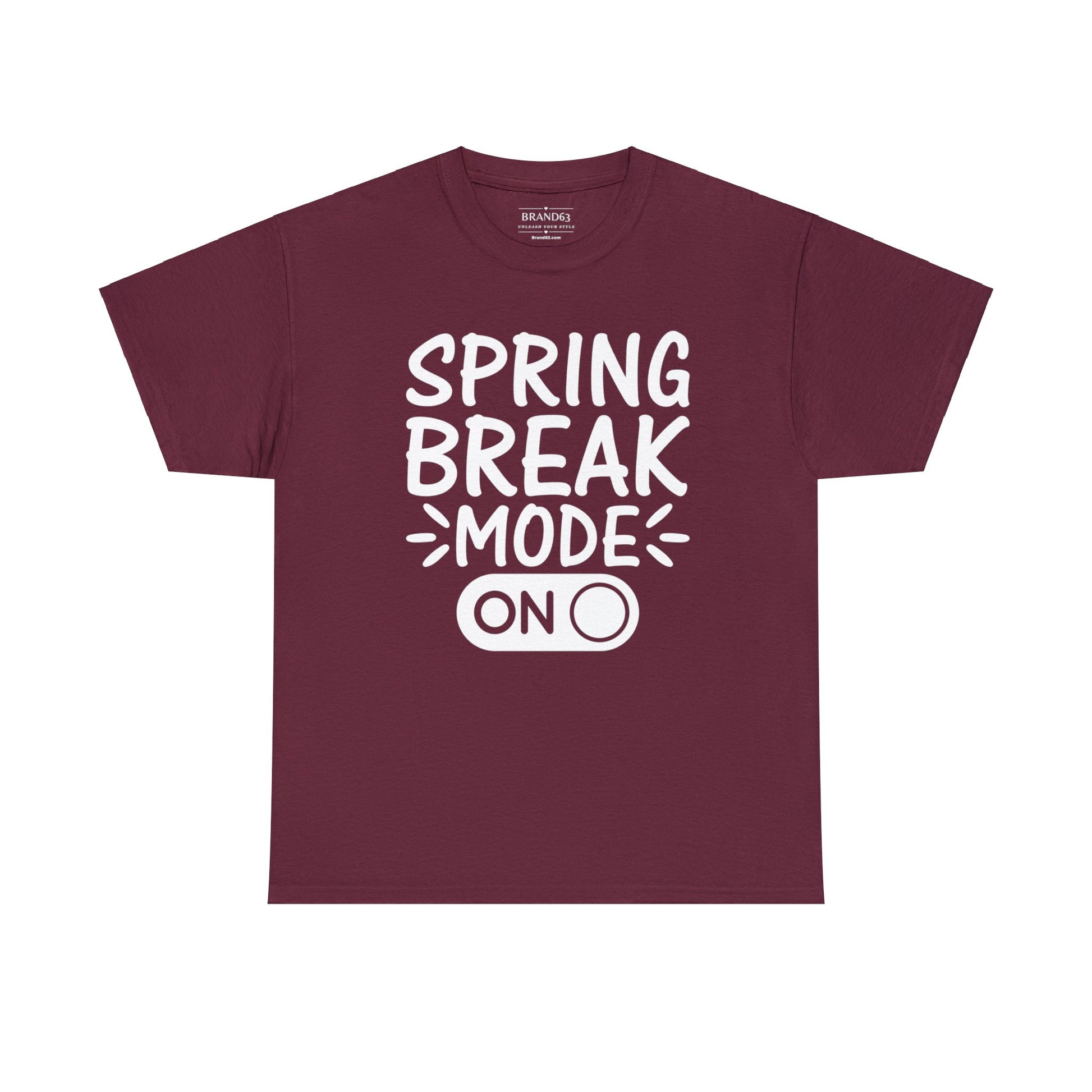 Spring Break Mode On heavy cotton t-shirt in burgundy with eco-friendly material, classic fit, and bold vacation-ready graphic design.