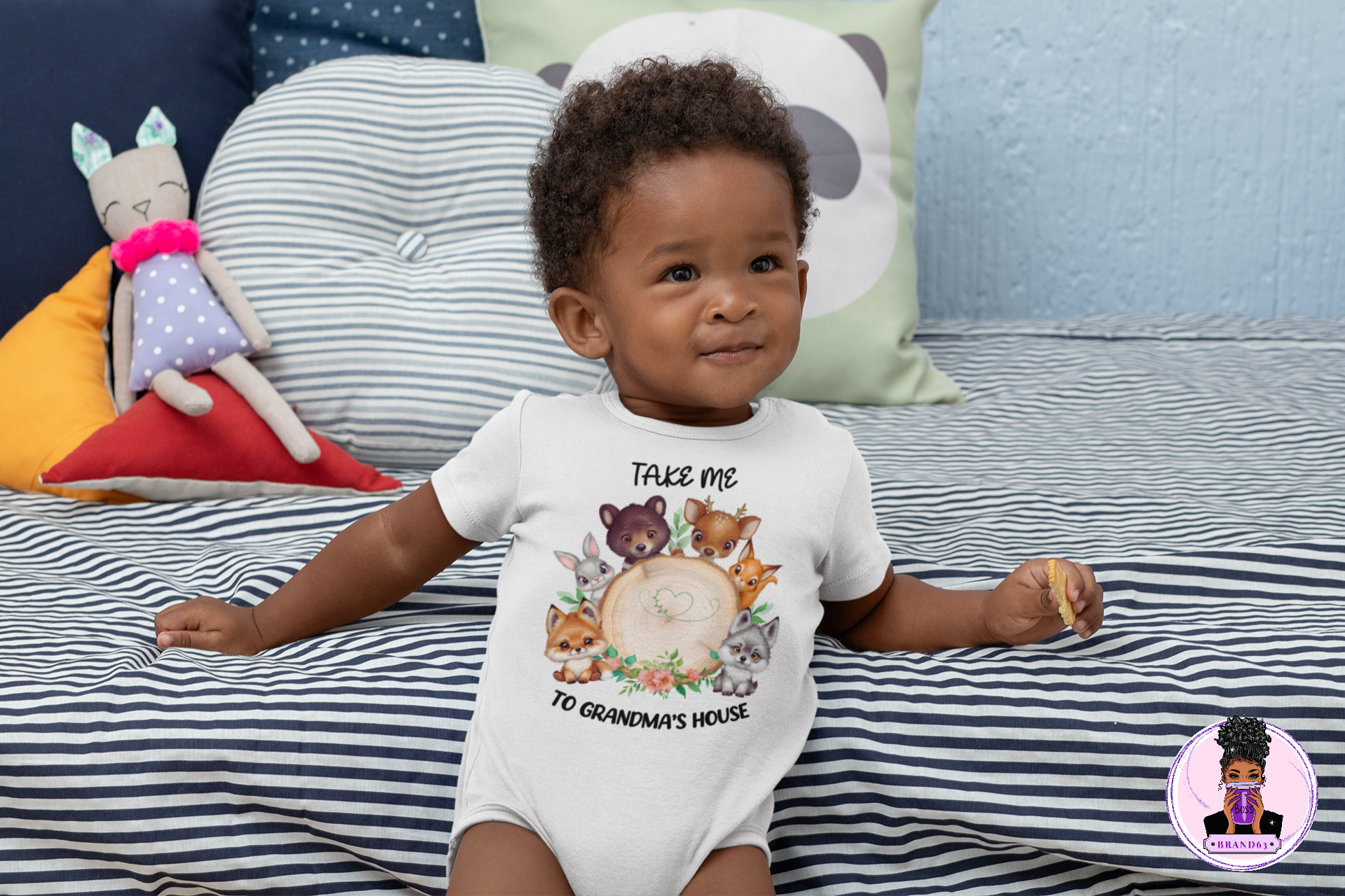 Baby in Woodland Critter Journey Onesie from Brand63.com, featuring adorable forest animals, online shopping with free shipping on orders over $99, going to grandmas house