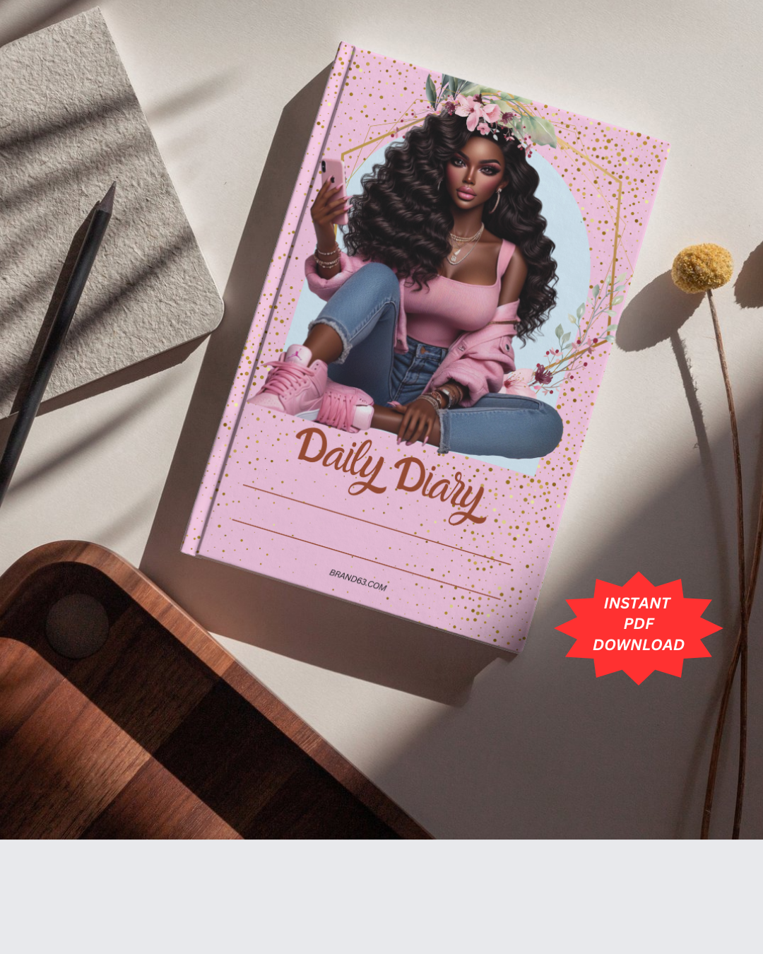 Mocha Selfie Queen Daily Diary PDF Instant Download Pages for daily journaling and diary writing.