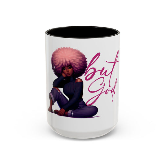 Afro-Chic coffee mug featuring the Christian affirmation 'But God'. Perfect for those who want to start their day with positivity and faith. Ideal for Praise and Worship