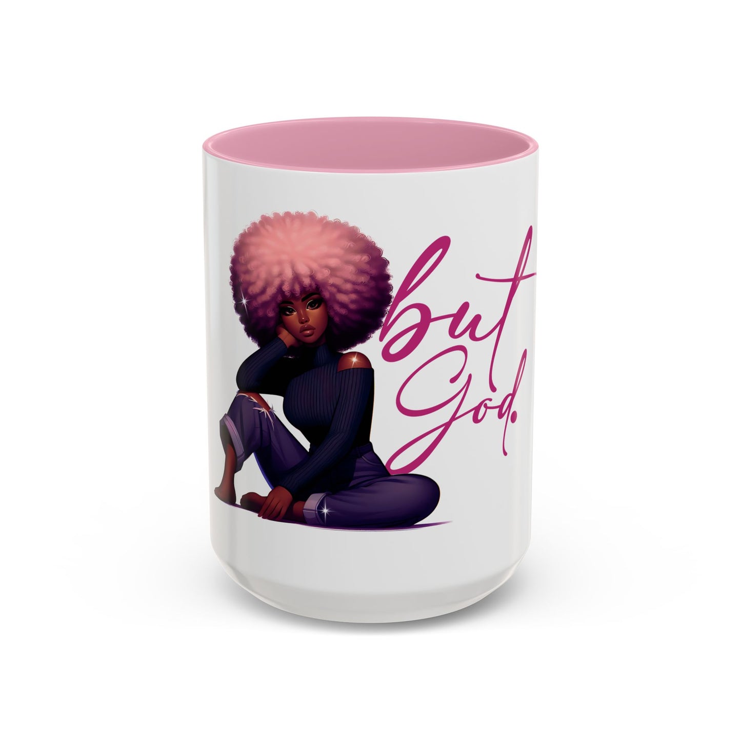 Afro-Chic coffee mug featuring the Christian affirmation 'But God'. Perfect for those who want to start their day with positivity and faith. Ideal for Praise and Worship