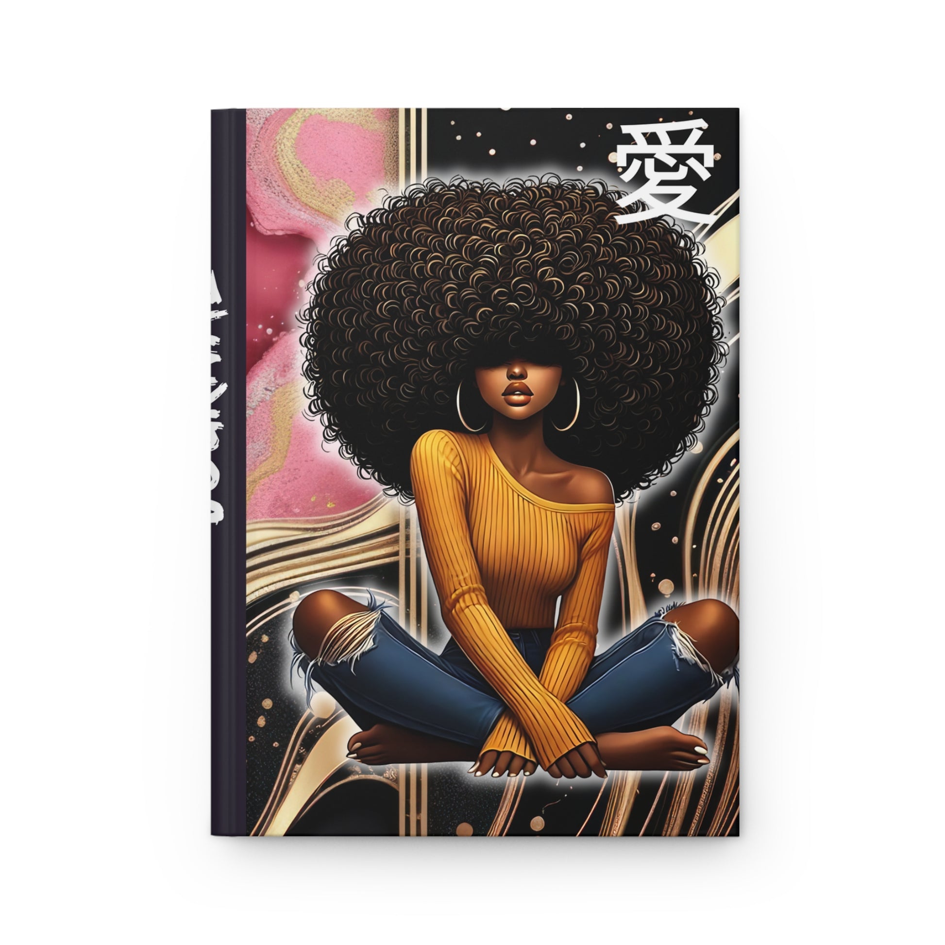 A stunning matte hardcover journal featuring a beautiful design of black women with Japanese letters that say LOVE