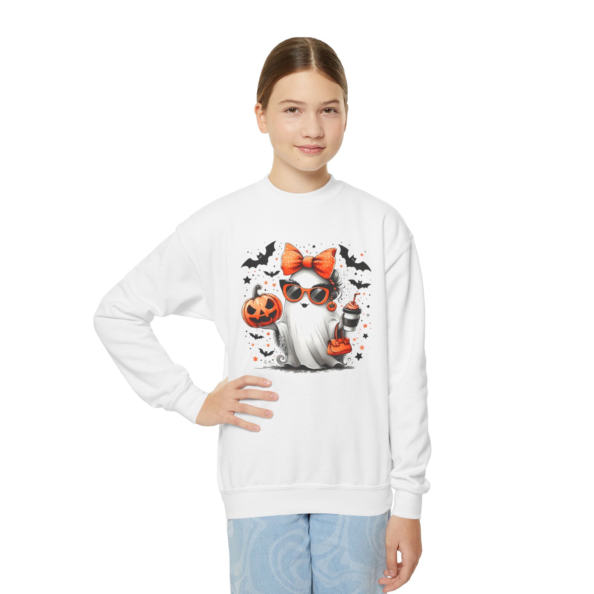 Give your little one a cozy, stylish solution this Halloween season!  Fun and trendy ghost design and bats. White Sweatshirt