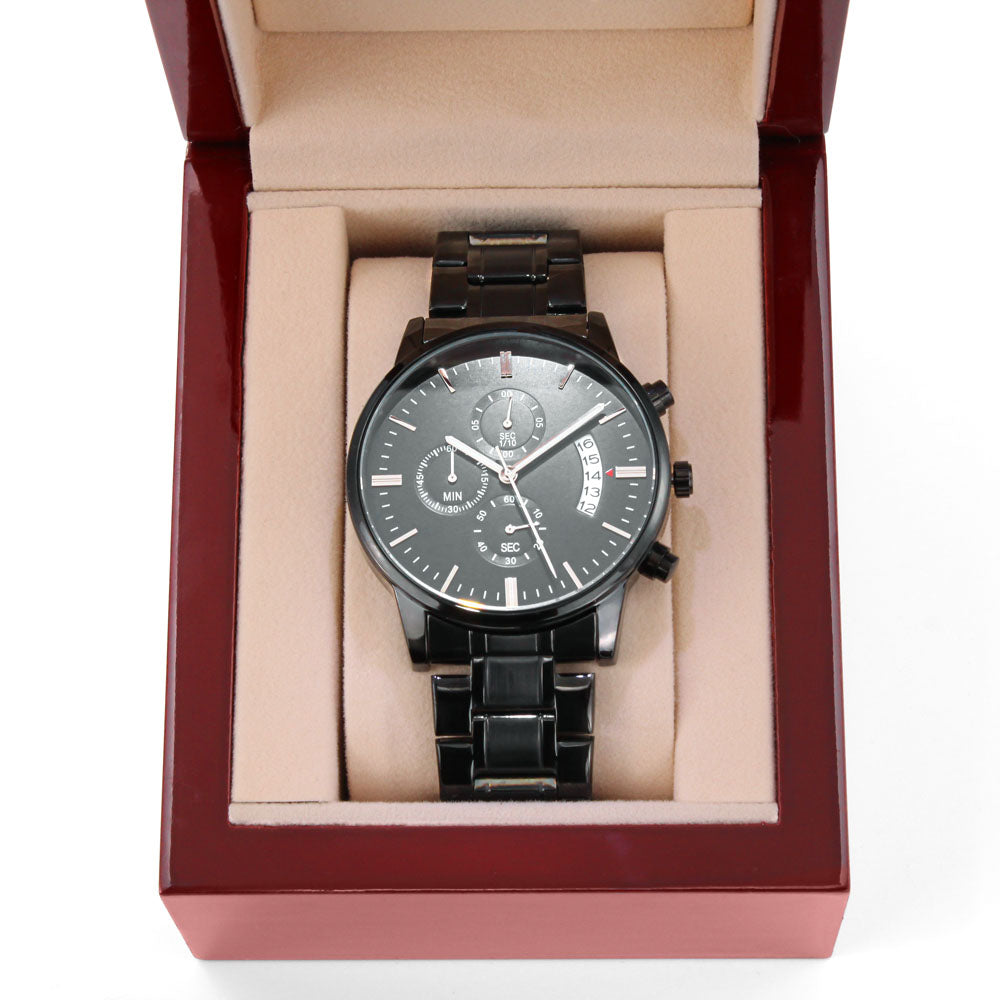 A personalized gift that can withstand constant use, this Customizable Engraved Black Chronograph Watch is the perfect gift for all the special men in your life.