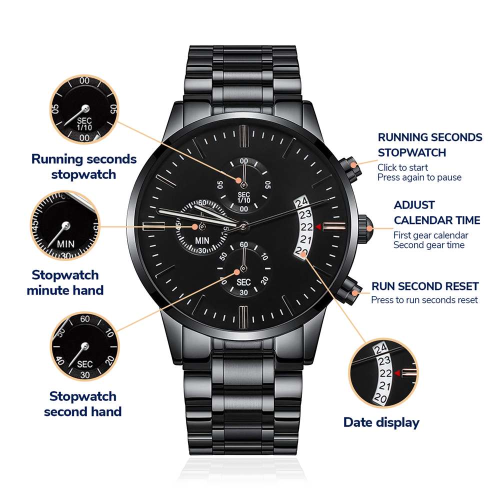 A personalized gift that can withstand constant use, this Customizable Engraved Black Chronograph Watch is the perfect gift for all the special men in your life.