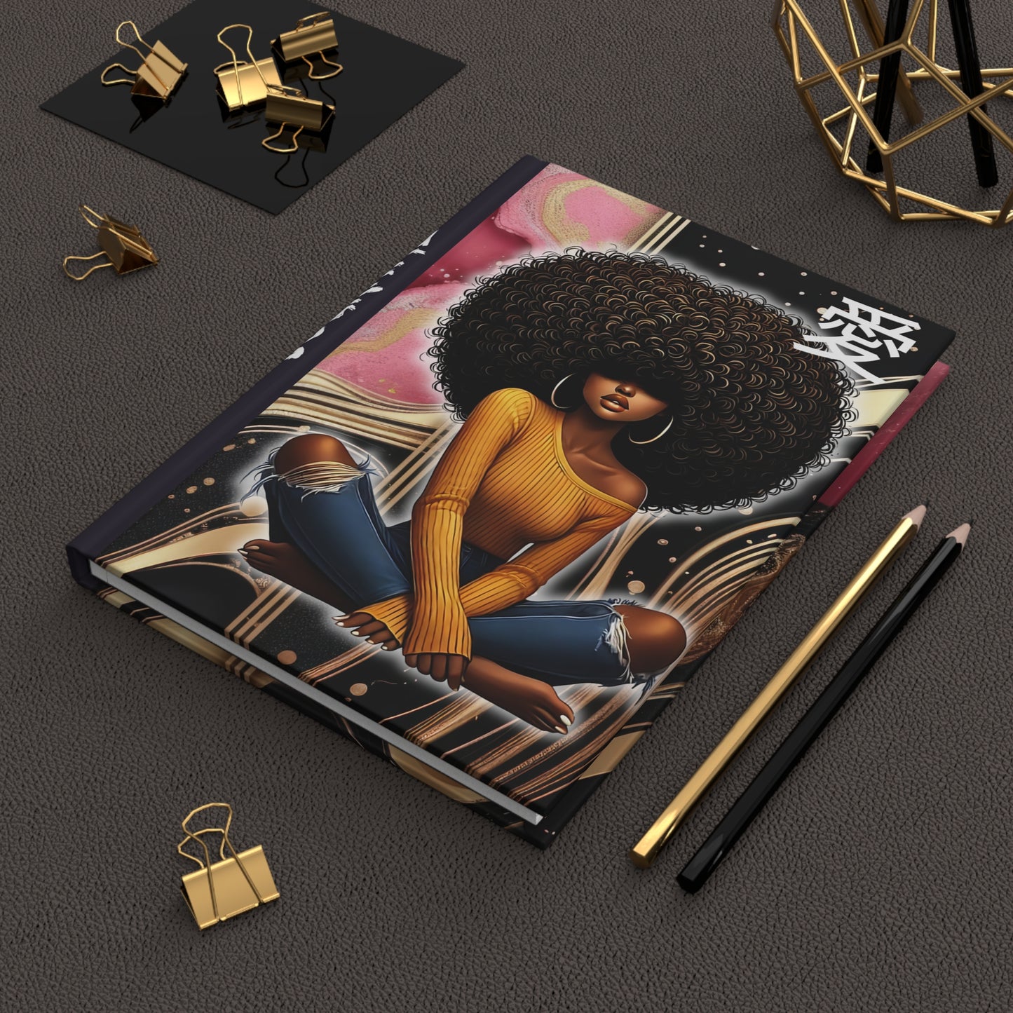 A stunning matte hardcover journal featuring a beautiful design of black women with Japanese letters that say LOVE