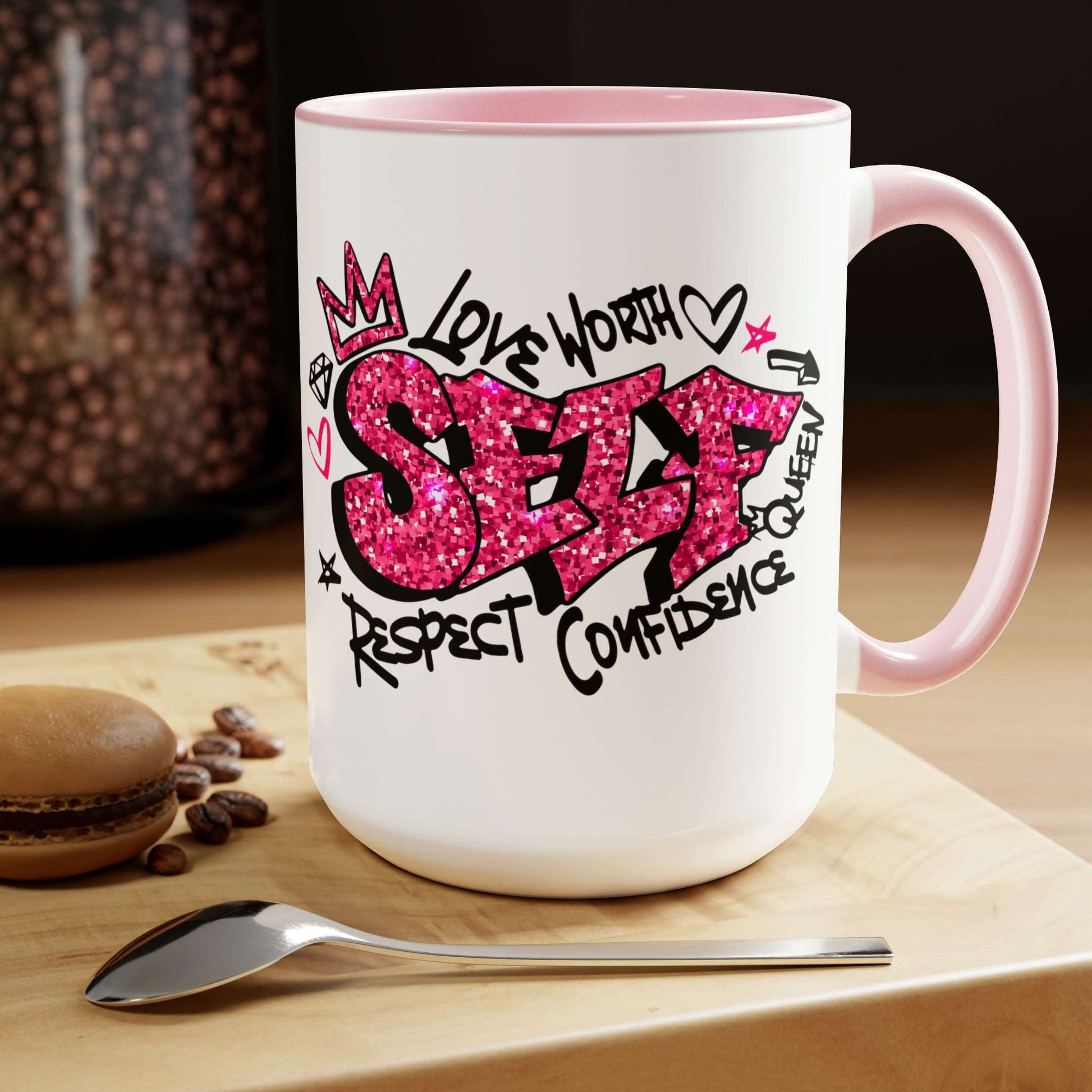 Self-Love Large Coffee Mugs,  Pink  or Black coffee cup, Positive Affirmation Cup, 100% ceramic, Lead free, BPA-free, Dishwasher safe, Microwave safe. Self-care Coffee Cup, Brand63.com