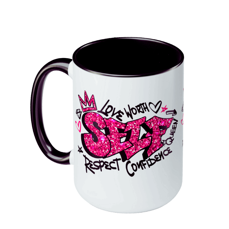 Self-Love Large Coffee Mugs,  Pink  or Black coffee cup, Positive Affirmation Cup, 100% ceramic, Lead free, BPA-free, Dishwasher safe, Microwave safe. Self-care Coffee Cup, Brand63.com