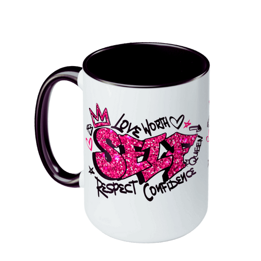 Self-Love Large Coffee Mugs,  Pink  or Black coffee cup, Positive Affirmation Cup, 100% ceramic, Lead free, BPA-free, Dishwasher safe, Microwave safe. Self-care Coffee Cup, Brand63.com