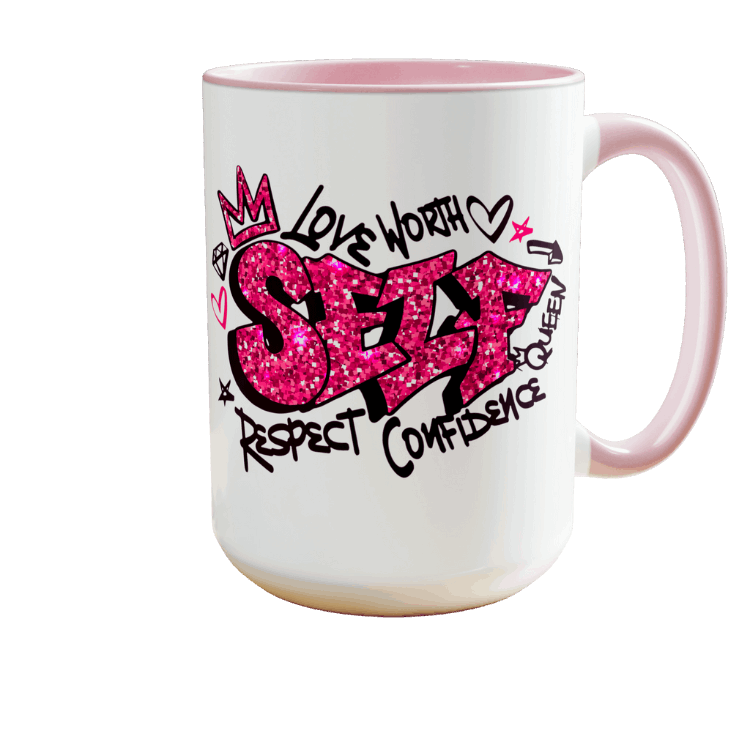 Self-Love Large Coffee Mugs,  Pink  or Black coffee cup, Positive Affirmation Cup, 100% ceramic, Lead free, BPA-free, Dishwasher safe, Microwave safe. Self-care Coffee Cup, Brand63.com