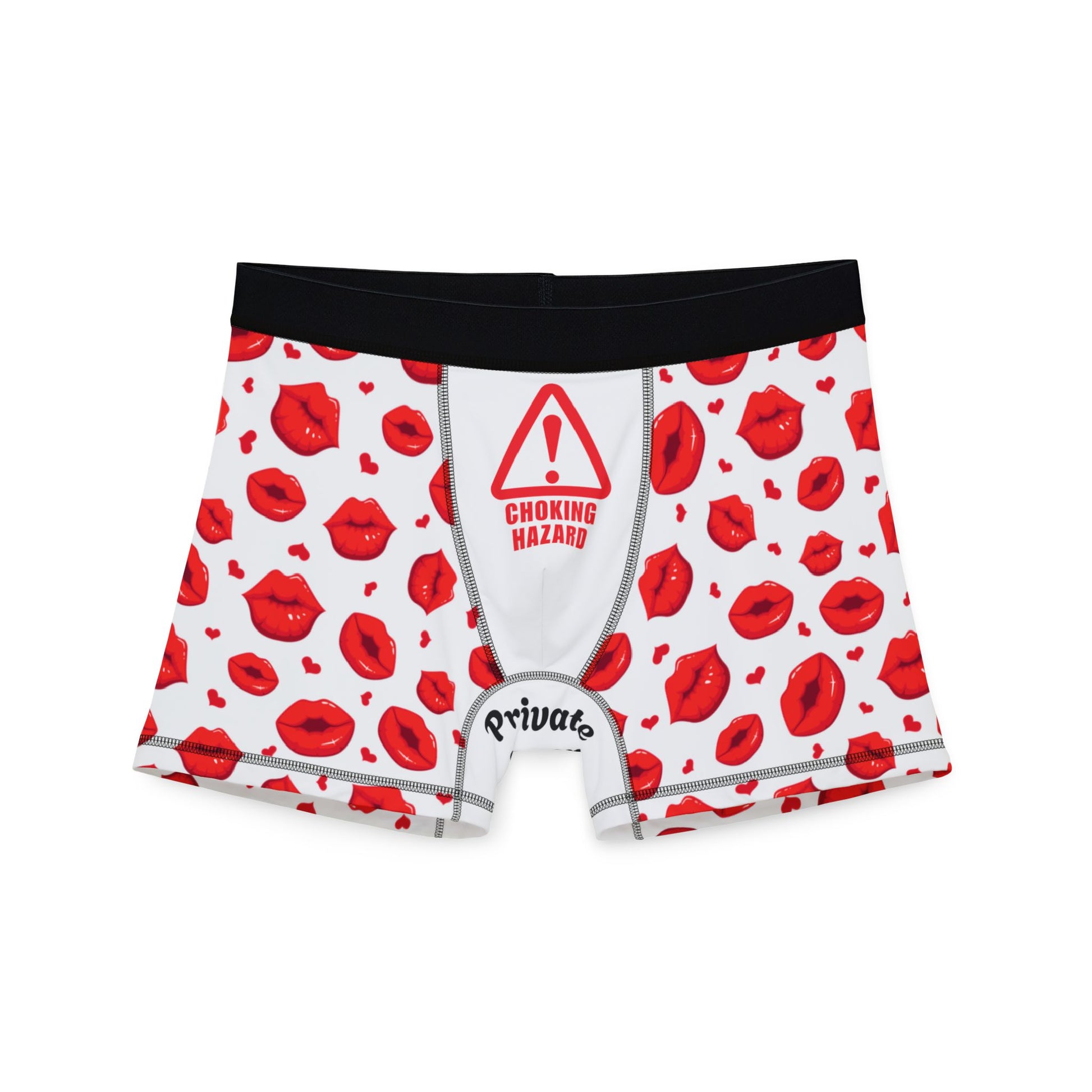 Men's Valentine's Day Boxers -Private Property Print with Red Kissing Lips (front view)