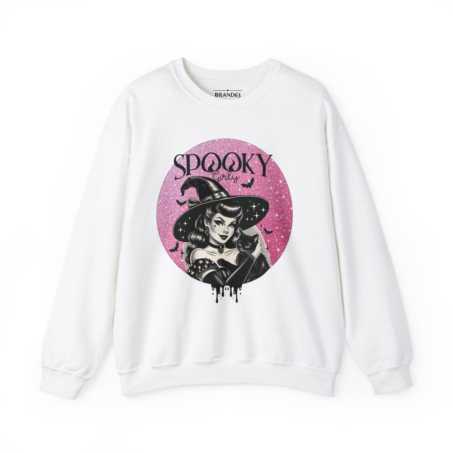 Spooky Girls Vintage Witch White Sweatshirt with bats and a black cat