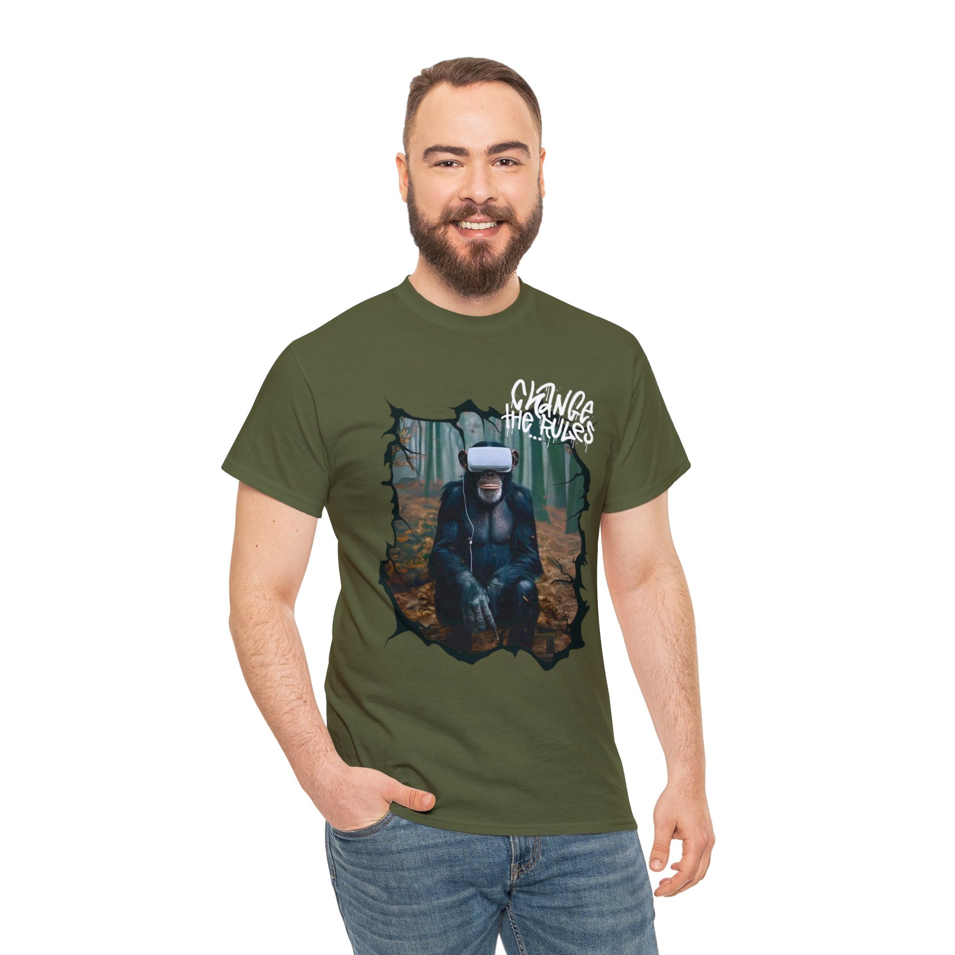 Ape wearing Virtual Reality Goggles. Graphic Design men's tshirt. men's white white tshirt. army green shirt