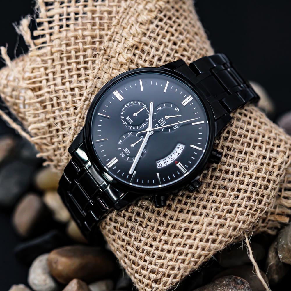 A personalized gift that can withstand constant use, this Customizable Engraved Black Chronograph Watch is the perfect gift for all the special men in your life.