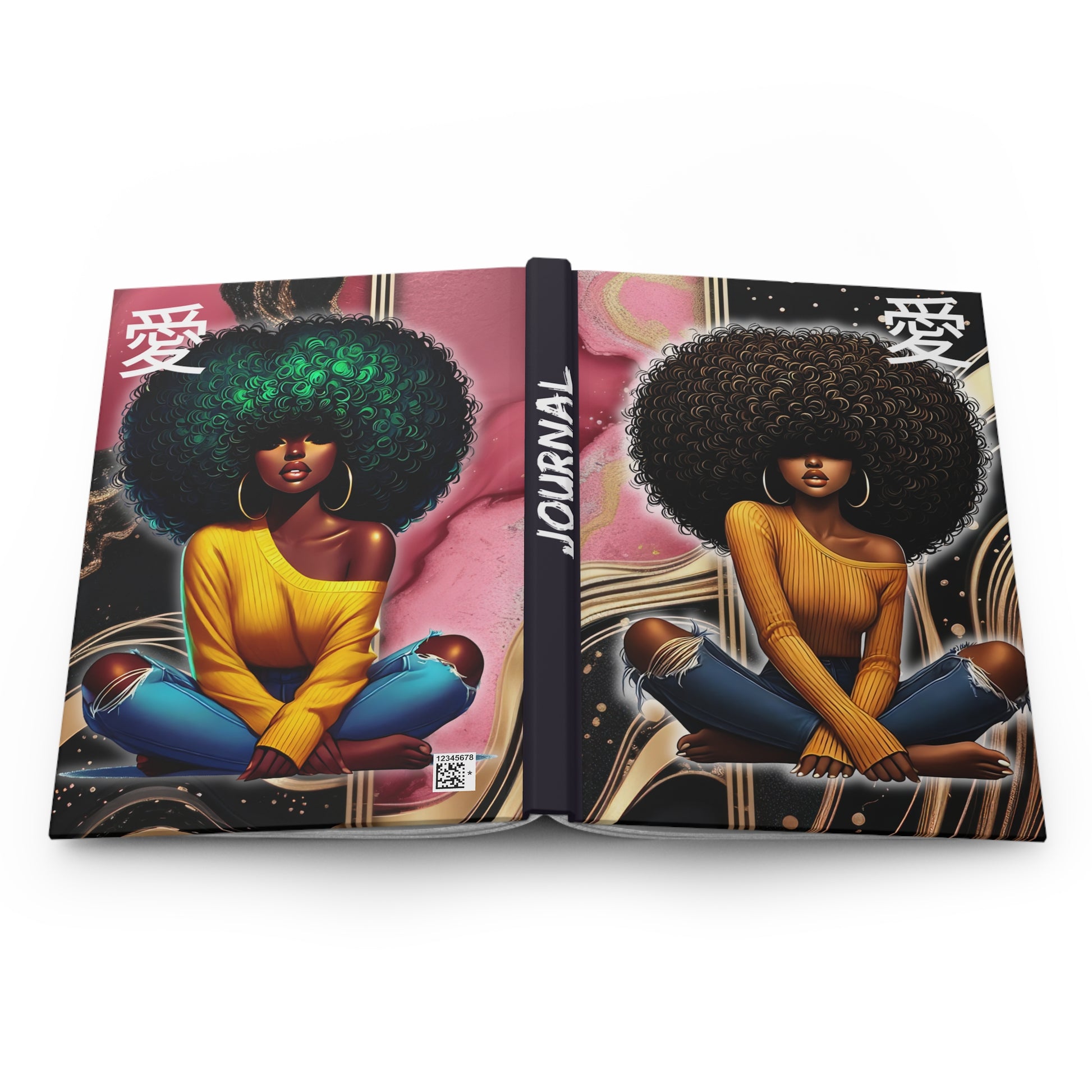 A stunning matte hardcover journal featuring a beautiful design of black women with Japanese letters that say LOVE