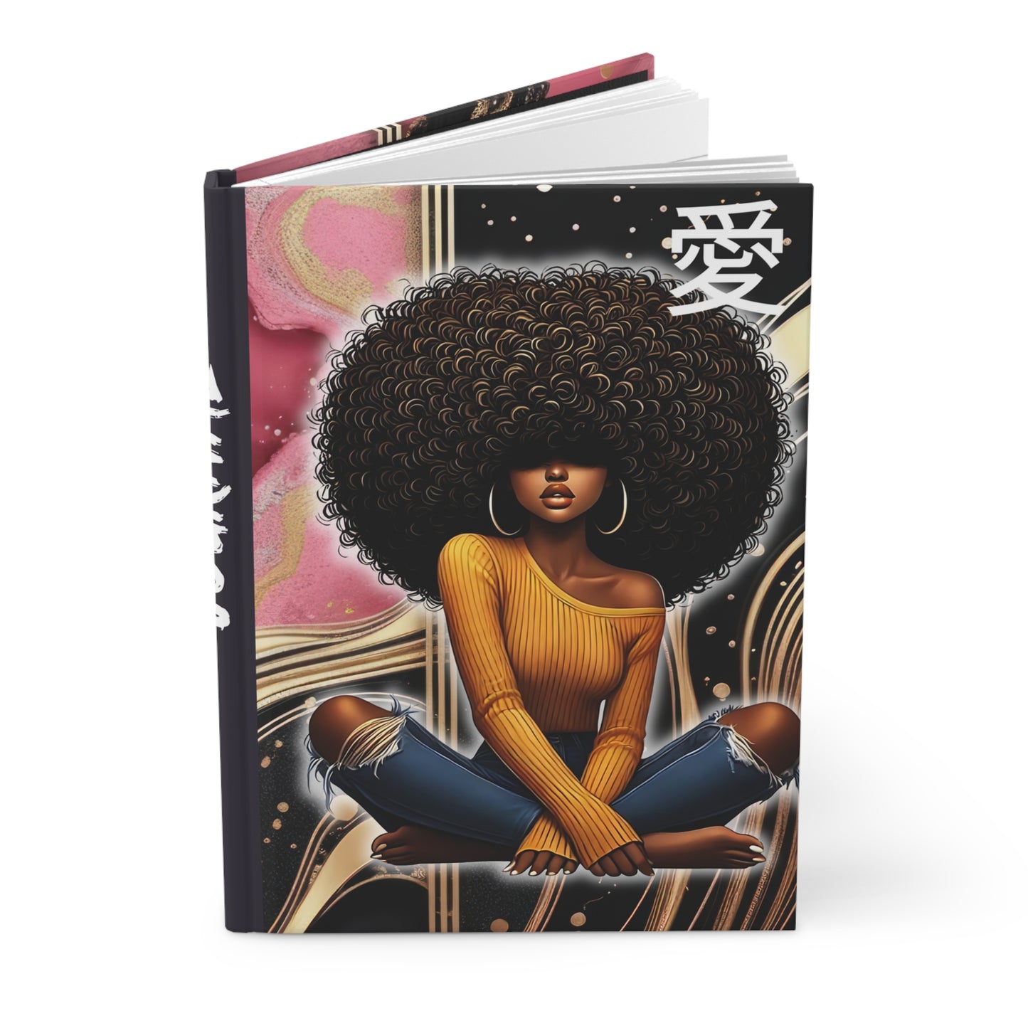 A stunning matte hardcover journal featuring a beautiful design of black women with Japanese letters that say LOVE