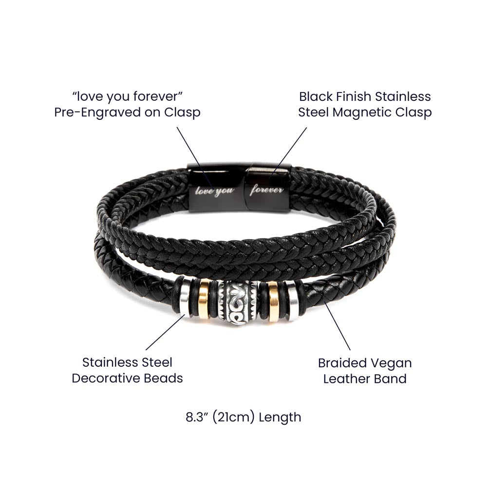 Exquisite "Love You Forever" Braided Vegan Leather Bracelet, Stainless steel decorative beads Stainless steel magnetic clasp with black finish, Gifts for him, Gifts for her, boyfriend gifts, girlfriend gifts, gifts for husband, gifts for wife, gift for son, gift for daughter, best Christmas gift, best birthday gift.