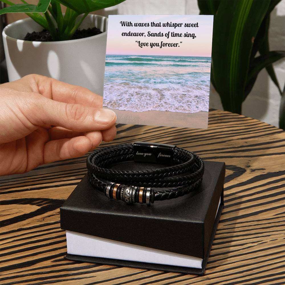 Exquisite "Love You Forever" Braided Vegan Leather Bracelet, Stainless steel decorative beads Stainless steel magnetic clasp with black finish, Gifts for him, Gifts for her, boyfriend gifts, girlfriend gifts, gifts for husband, gifts for wife, gift for son, gift for daughter, best Christmas gift, best birthday gift.