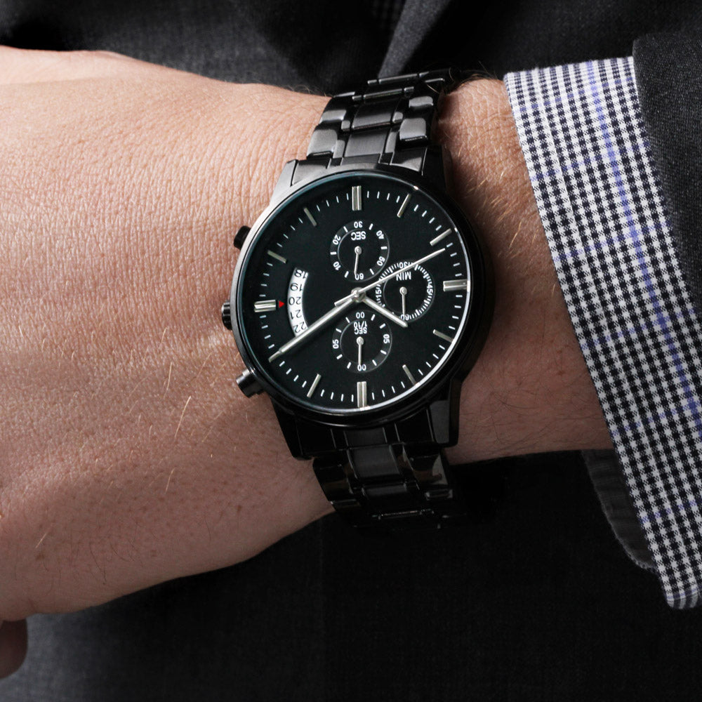 A personalized gift that can withstand constant use, this Customizable Engraved Black Chronograph Watch is the perfect gift for all the special men in your life.