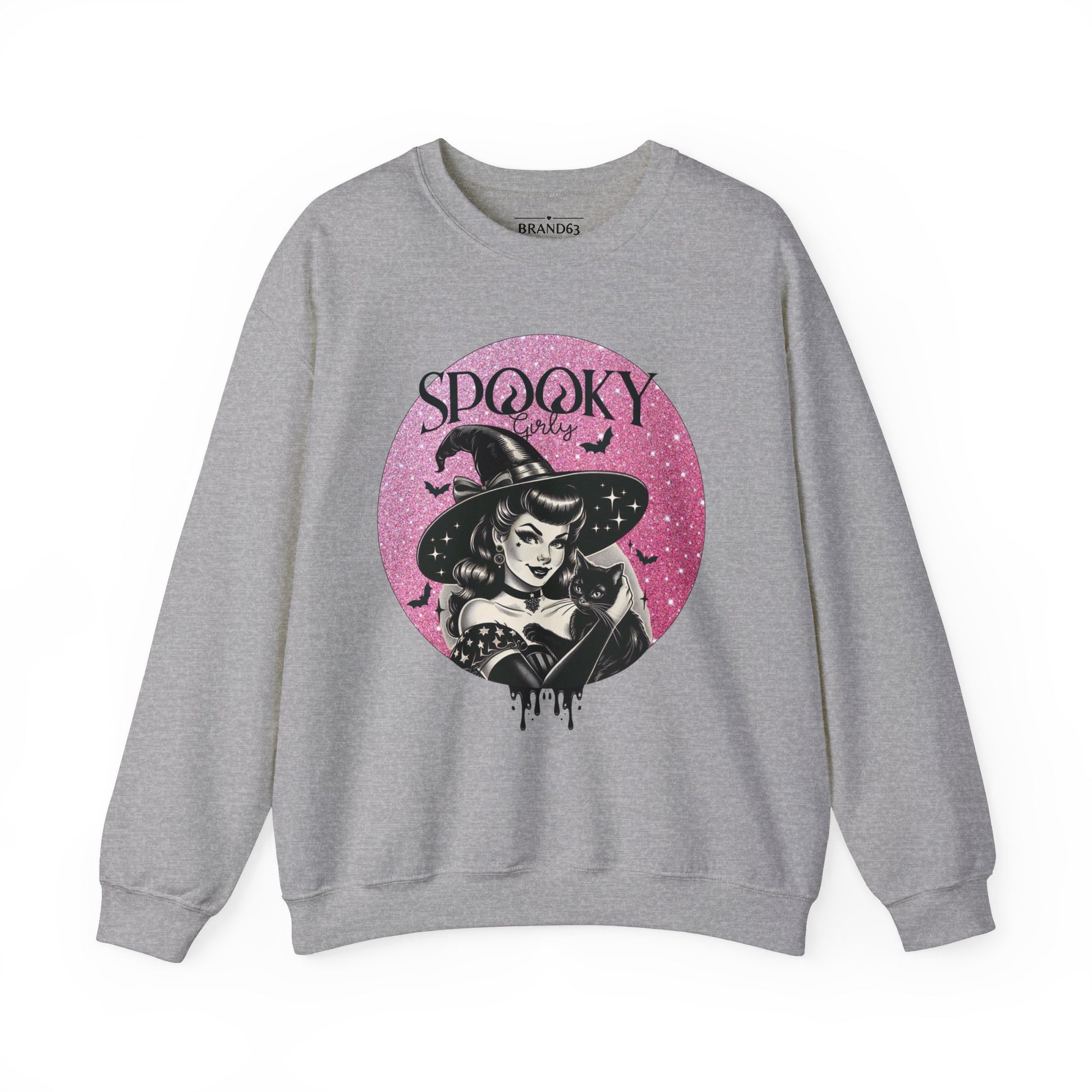 Spooky Girls Vintage Witch grey Sweatshirt with bats and a black cat