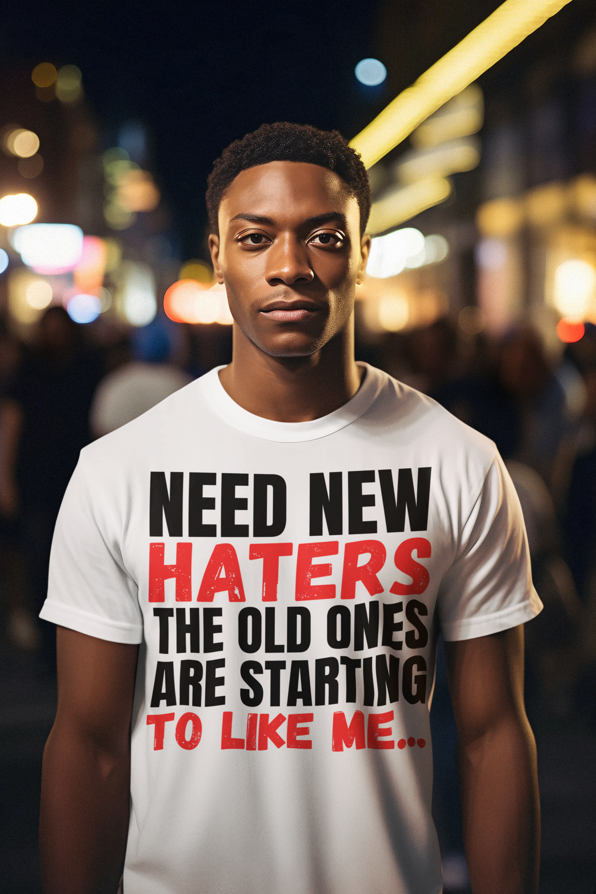 hater-t-shirt-man-wearing-a-t-shirt-Brand63-free-shipping-haters. Let your haters know whats up. Wear our Custom Hater t-shirt and go next level.  White White shirt, black on black shirt