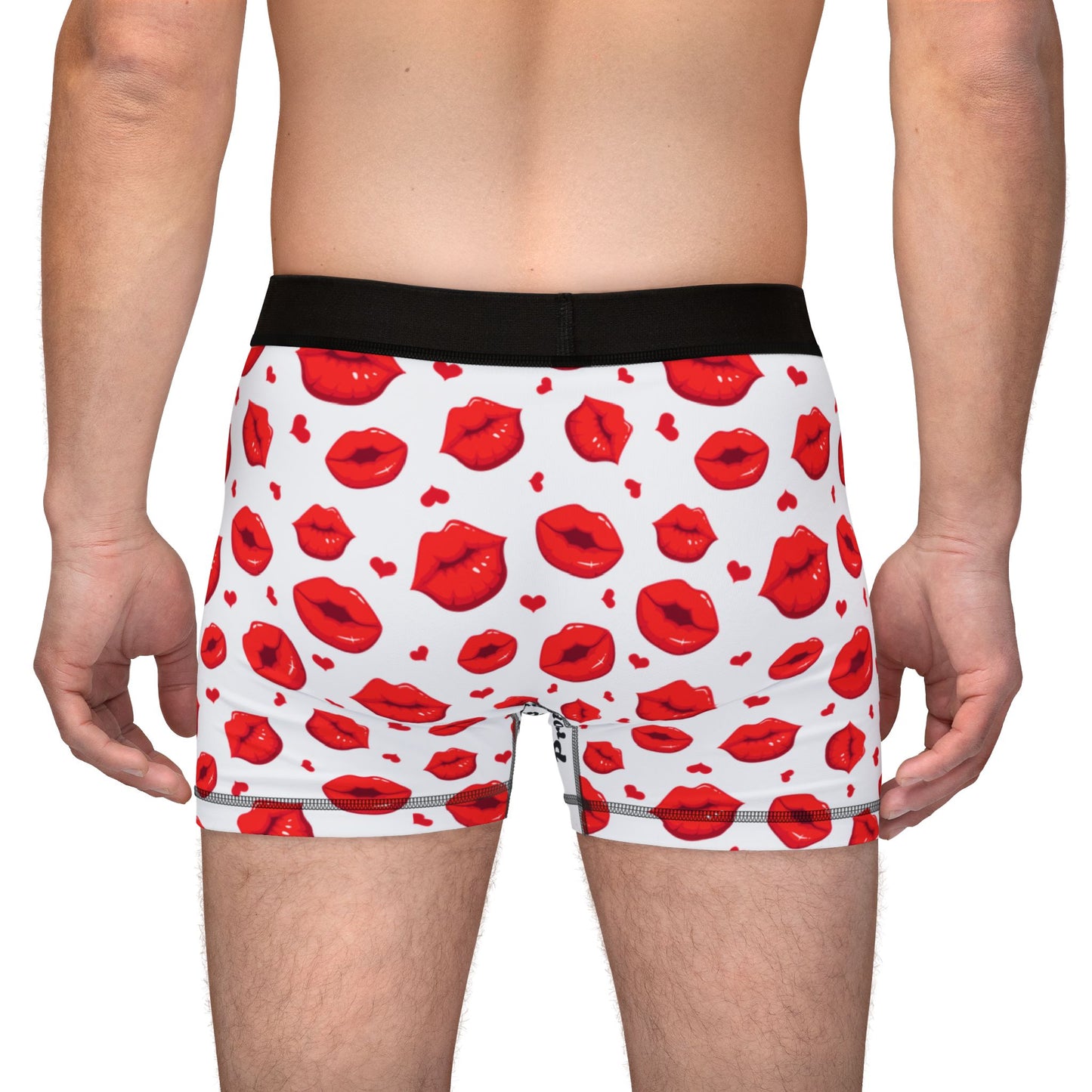 Men's Valentine's Day Boxers -Private Property Print with Red Kissing Lips (back view male model)