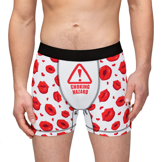 Men's Valentine's Day Boxers -Private Property Print with Red Kissing Lips (front view male model)