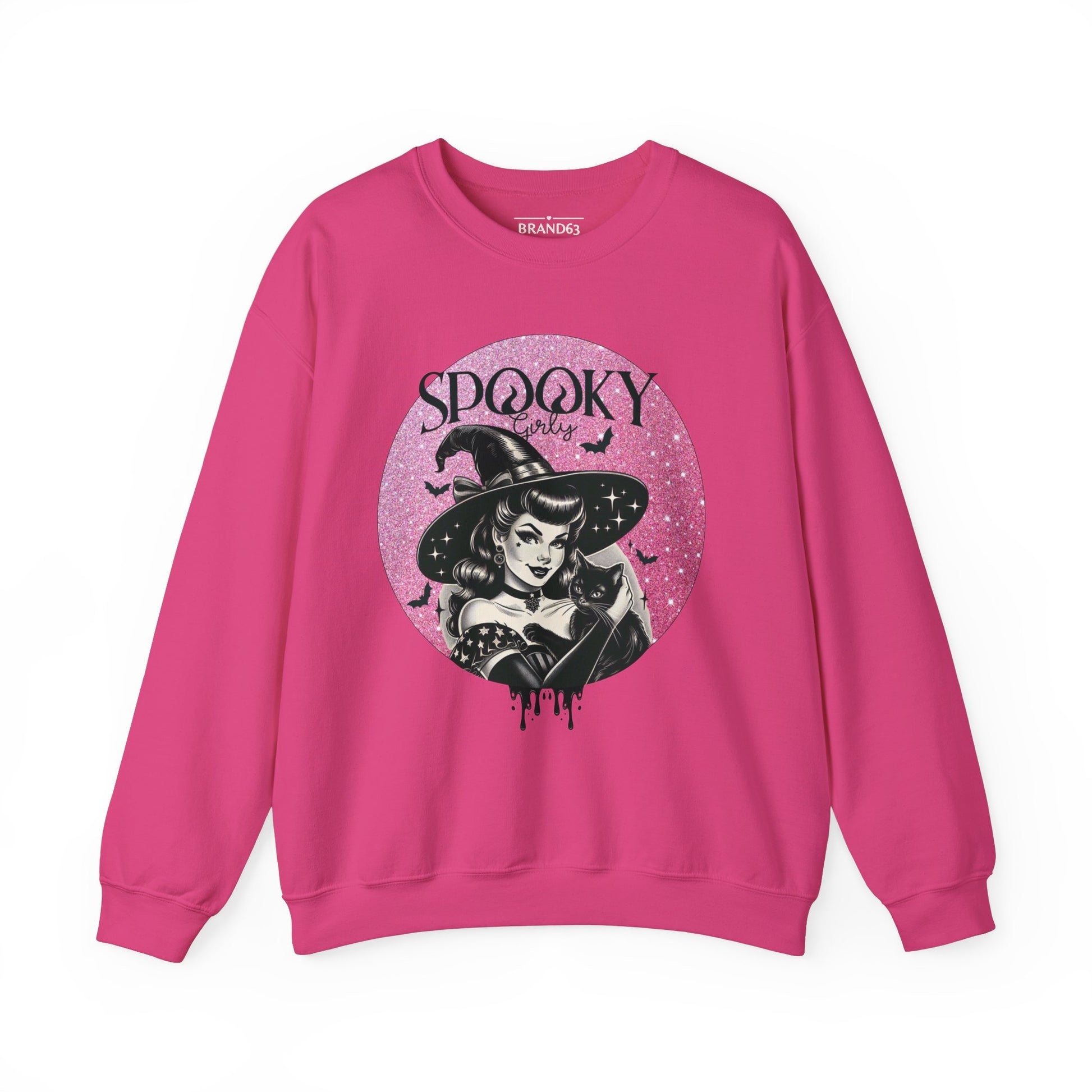 Spooky Girls Vintage Witch pink Sweatshirt with bats and a black cat