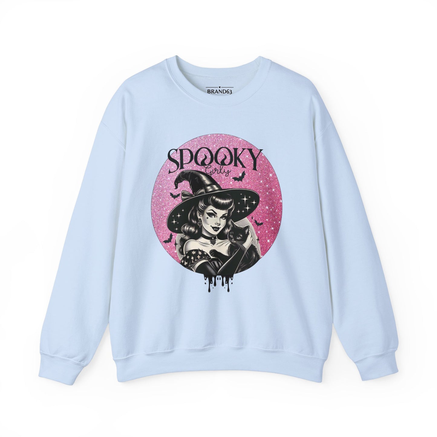 Spooky Girls Vintage Witch blue Sweatshirt with bats and a black cat