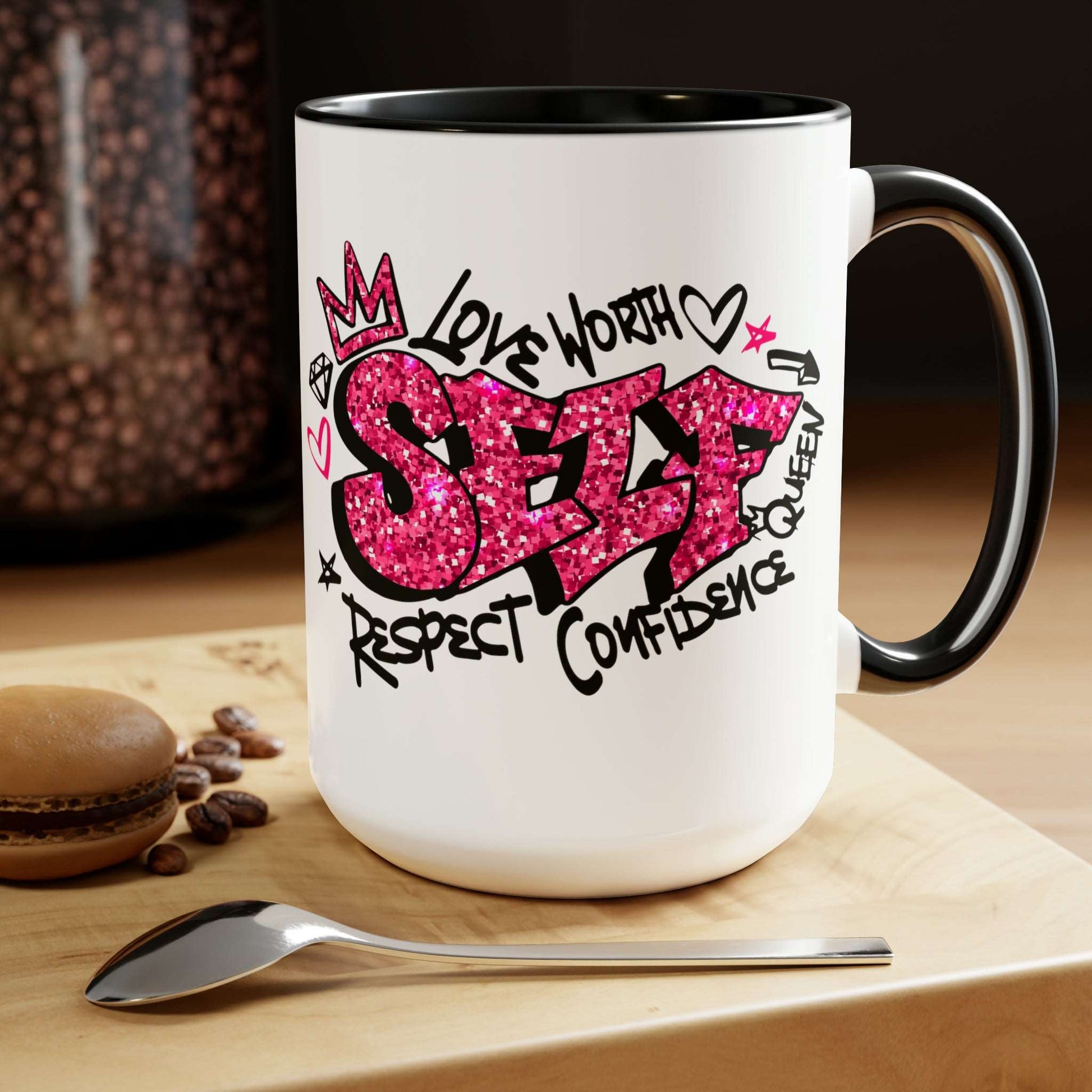 Self-Love Large Coffee Mugs,  Pink  or Black coffee cup, Positive Affirmation Cup, 100% ceramic, Lead free, BPA-free, Dishwasher safe, Microwave safe. Self-care Coffee Cup, Brand63.com