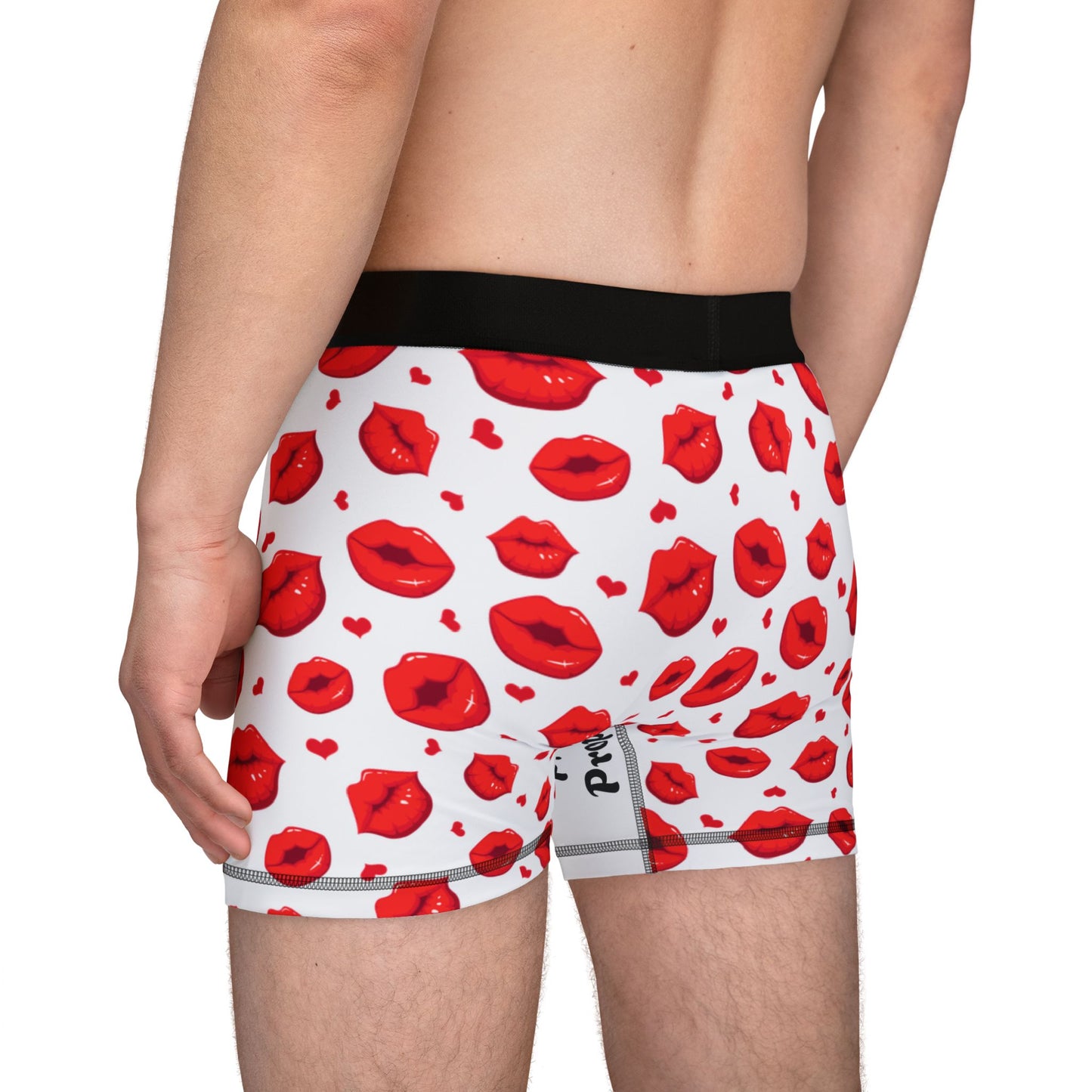 Men's Valentine's Day Boxers -Private Property Print with Red Kissing Lips (side back view male model)