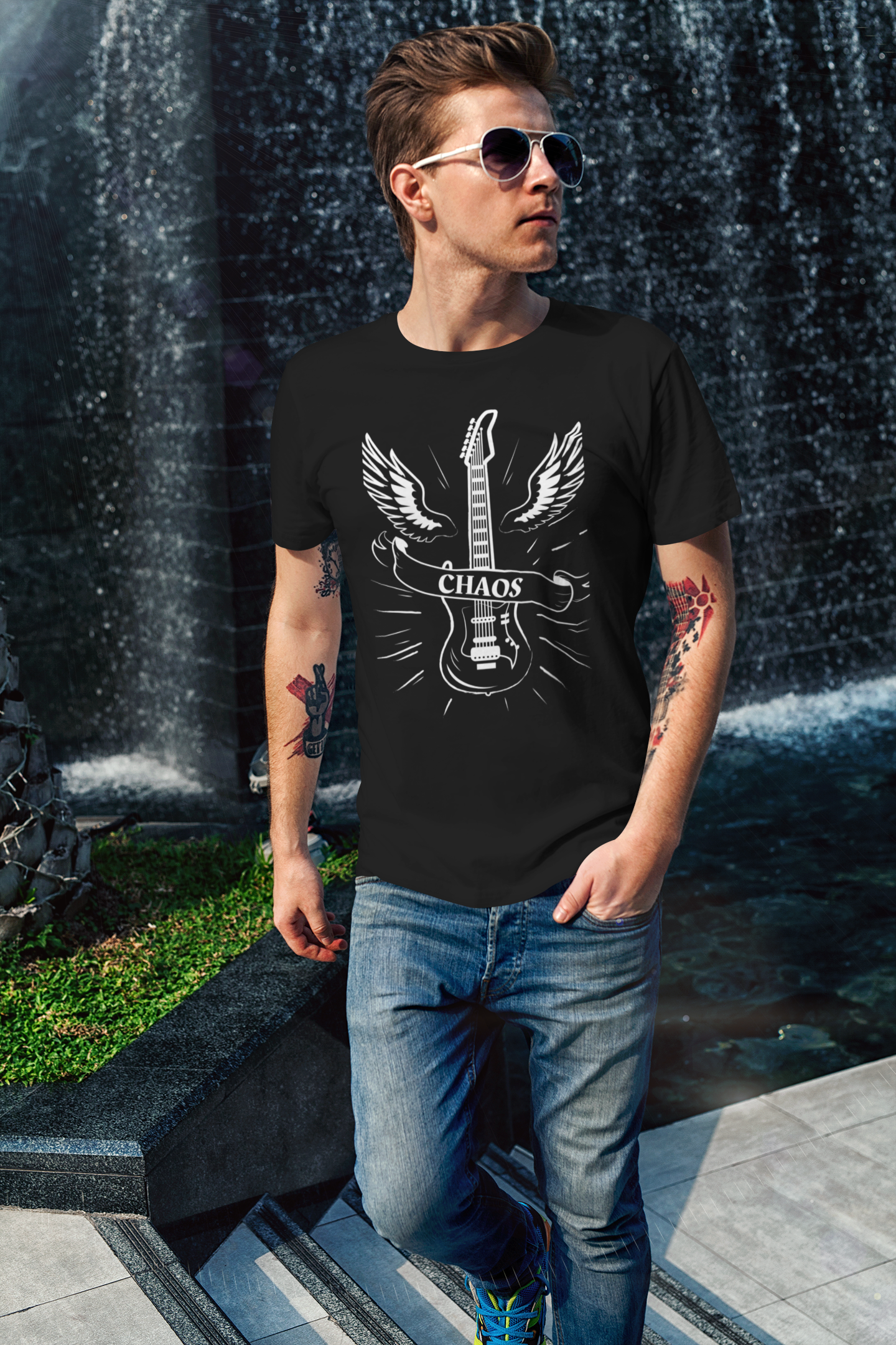 Guitar Chaos Tee - Classic Guitar Wings T-Shirt for Rock Music Lovers, Guitar Chaos T-Shirt - Classic Guitar with Wings - Rock 'n' Roll Fashion, Brand63.com