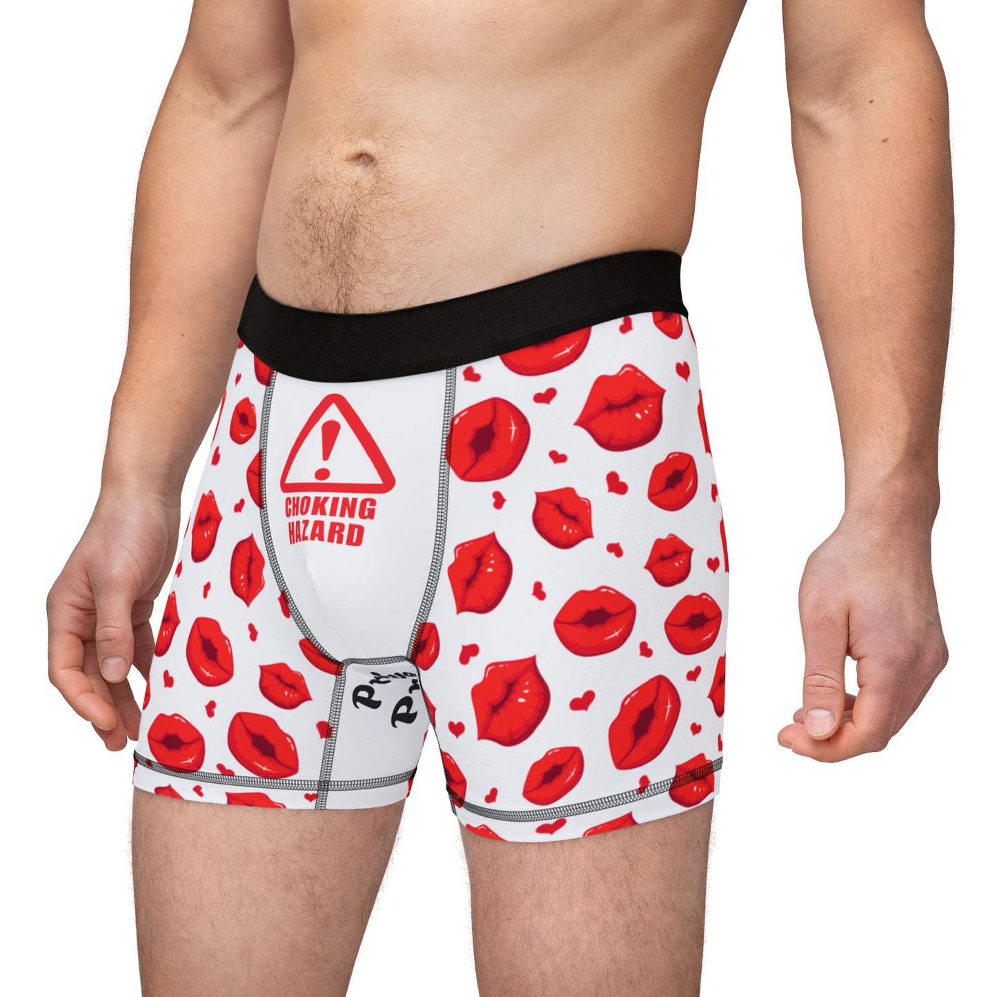 Men's Valentine's Day Boxers -Private Property Print with Red Kissing Lips (side view male model)