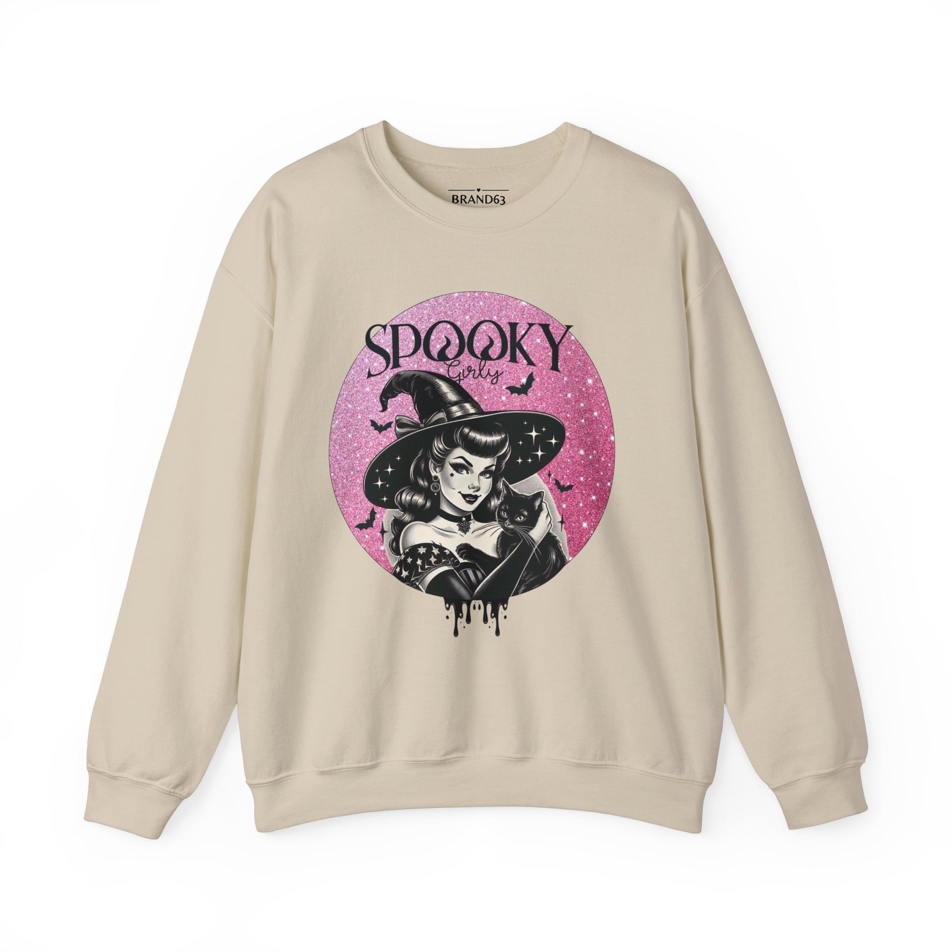 Spooky Girls Vintage Witch tan Sweatshirt with bats and a black cat