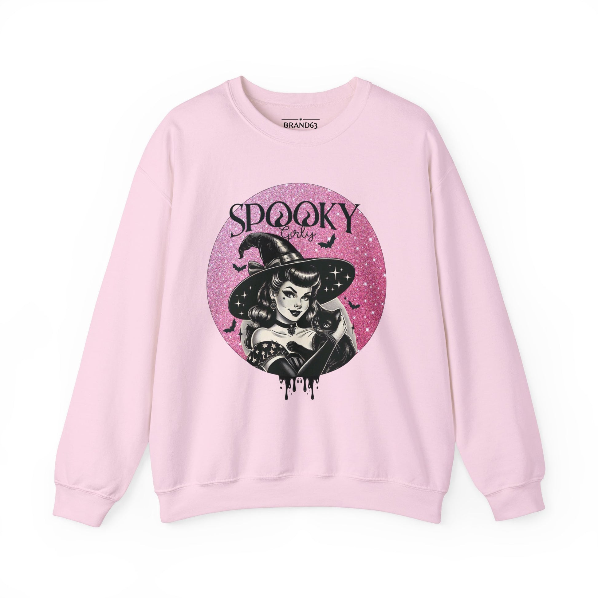 Spooky Girls Vintage Witchy soft  pink Sweatshirt with bats and a black cat