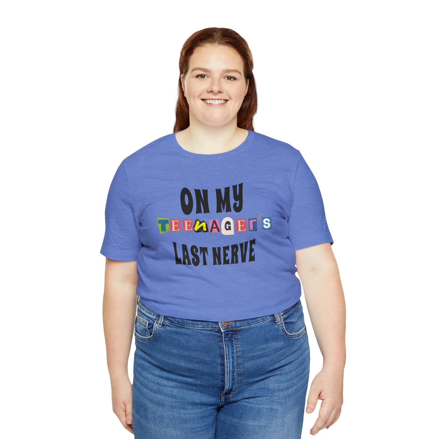 Our "ON MY TEENAGER'S LAST NERVE" t-shirt is perfect for any parent who has ever been pushed to the brink by their moody teenager. Whether you wear it to drop your teen off at school, or to the grocery store when they're giving you a hard time, this t-shirt is guaranteed to put a smile on your face and help you maintain your sanity. Funny Sarcastic parent tshirt.