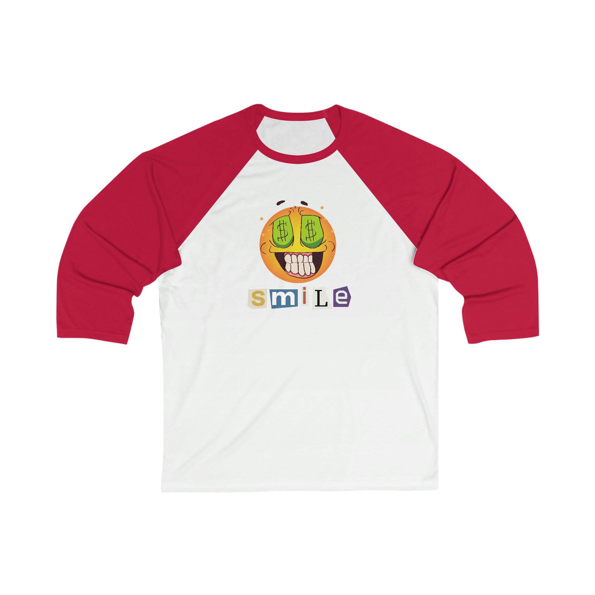 Money Smiling Emoji 3/4 sleeve baseball t-shirt.  Casual, Simple, Comfy - Brand63