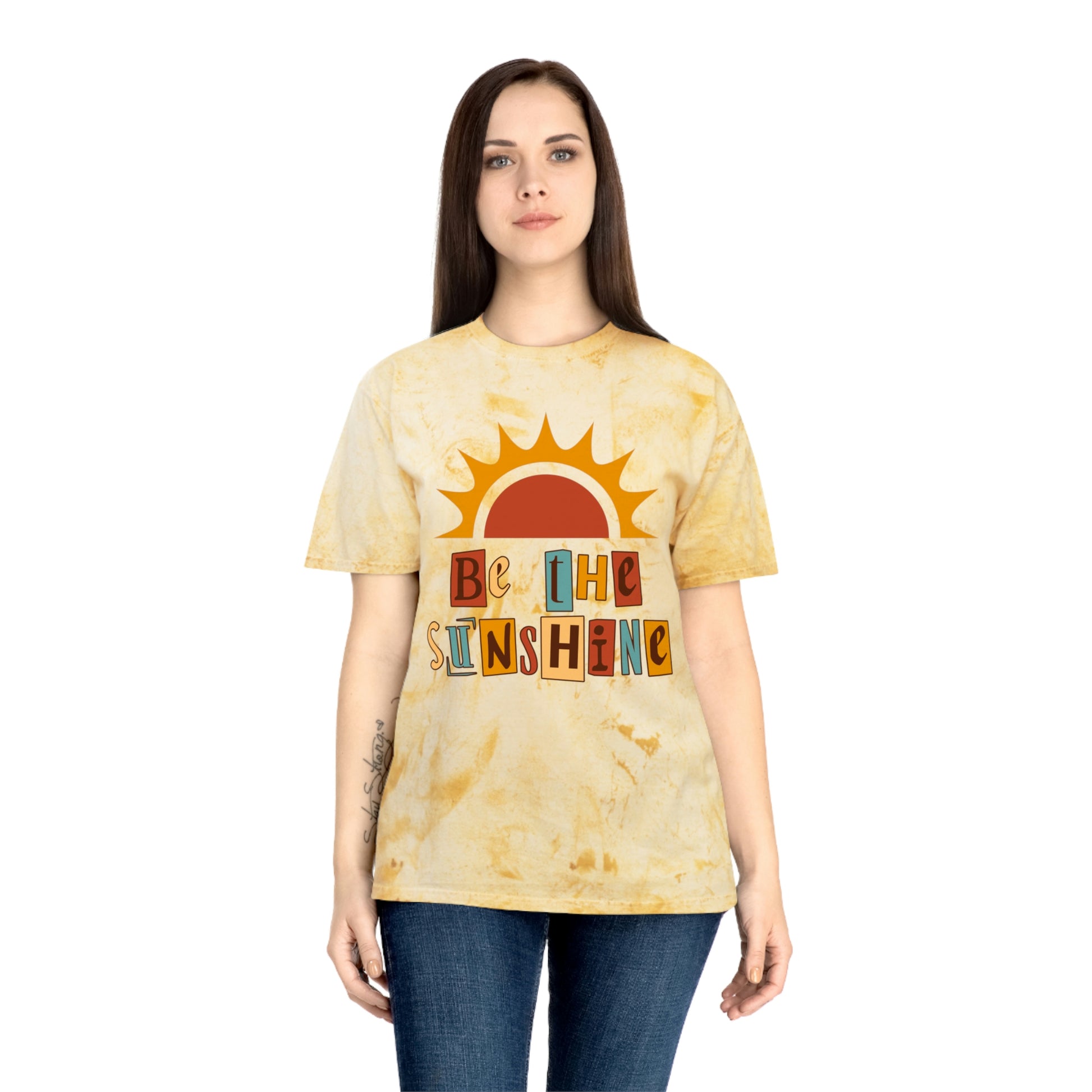 Brand63's Exclusive "Be The Sunshine" Comfort Colors T-shirt has a unique color blast pattern on every shirt. Made 100% with incredibly soft, ring-spun cotton, each tee is soft-washed and garment-dyed. Its relaxed fit makes it the perfect daily choice for any casual occasion. Perfect Summer T-shirt. 