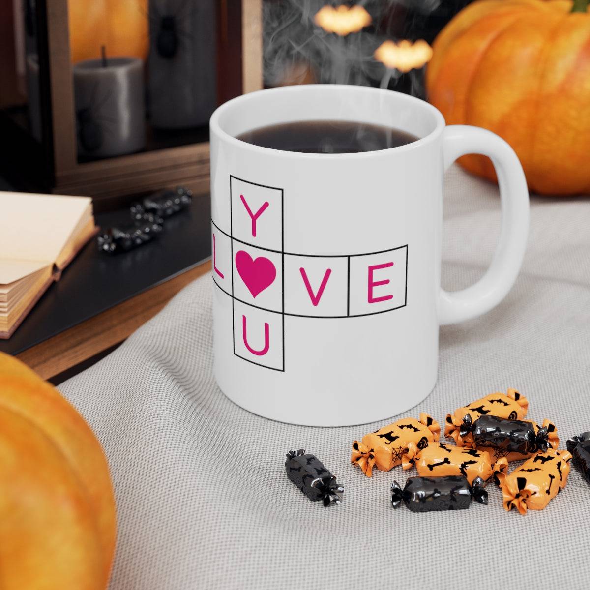 SALE Ceramic Mug - LOVE Crossword Puzzle Mug, coffee, coffee lover, wedding gift, Christmas Gift, Holiday Gift, Birthday gift, Tea Mug - Brand63