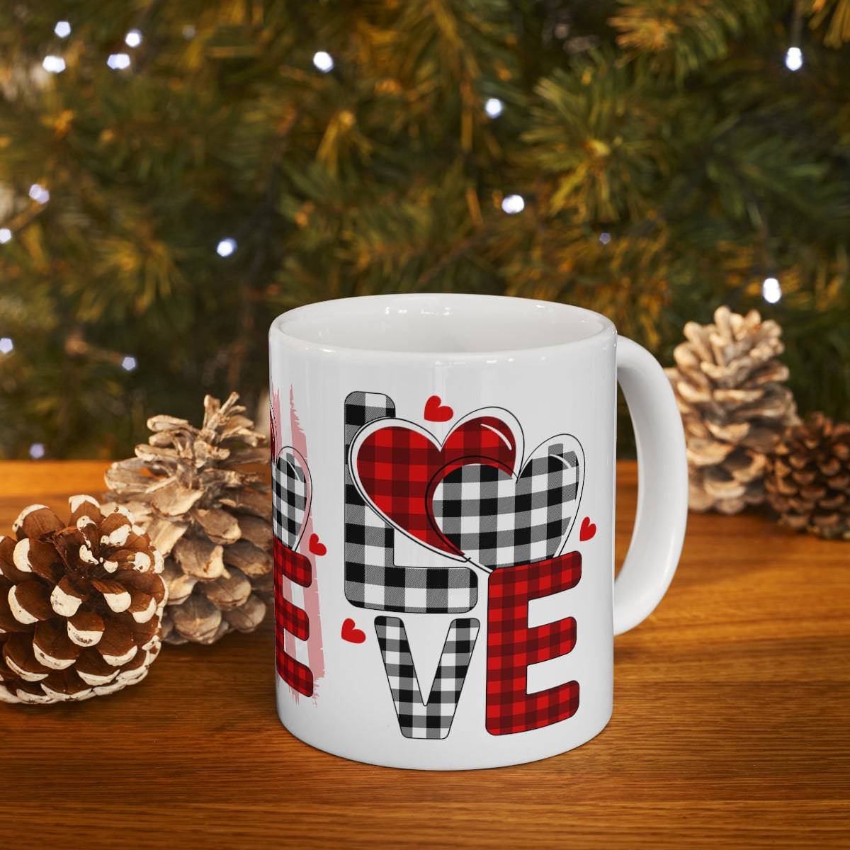 SALE Ceramic Mug - Love On Plaid Mug, coffee, coffee lover, drinking cup, wedding gift, Christmas Gift, Holiday Gift, Birthday gift, Tea Mug - Brand63